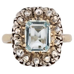 Antique French 19th Century Aquamarine Diamonds 18 Karat Yellow Gold Ring