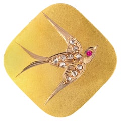 Antique French 19th Century Ruby Diamonds 18 Karat Rose Gold Swallow Brooch
