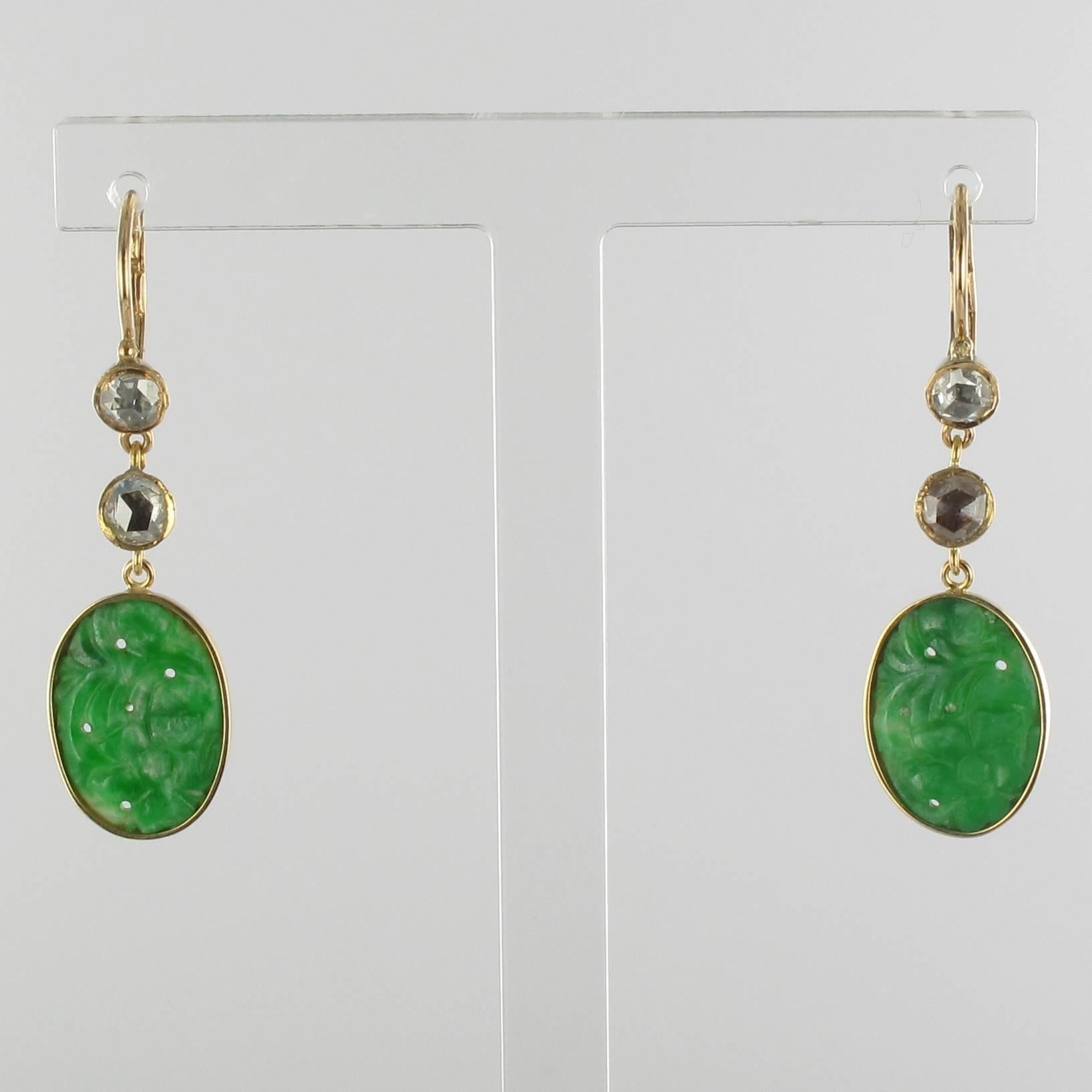 Antique Jade Diamond Gold Earrings  In Excellent Condition In Poitiers, FR