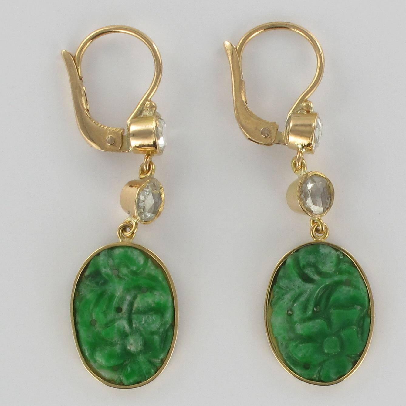 Women's Antique Jade Diamond Gold Earrings 