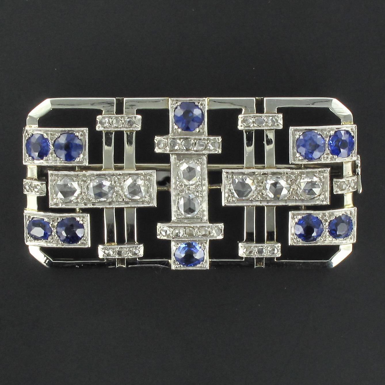 Art Deco Sapphire Diamond Gold Platinum Brooch 15
