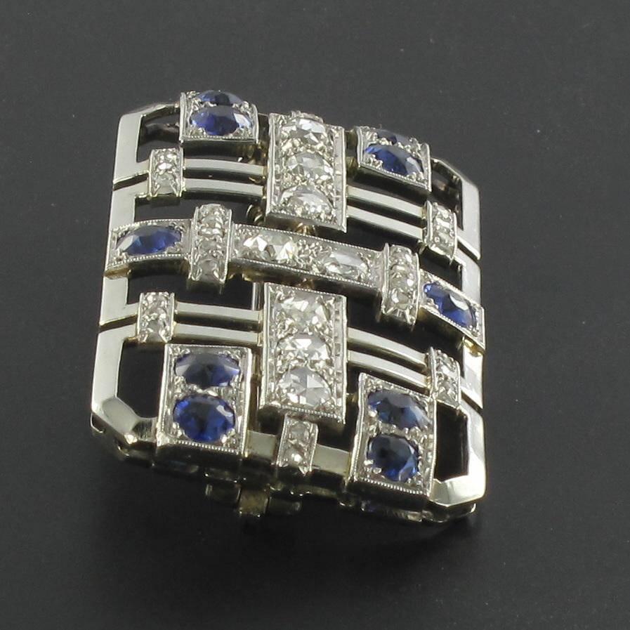 Art Deco Sapphire Diamond Gold Platinum Brooch 14