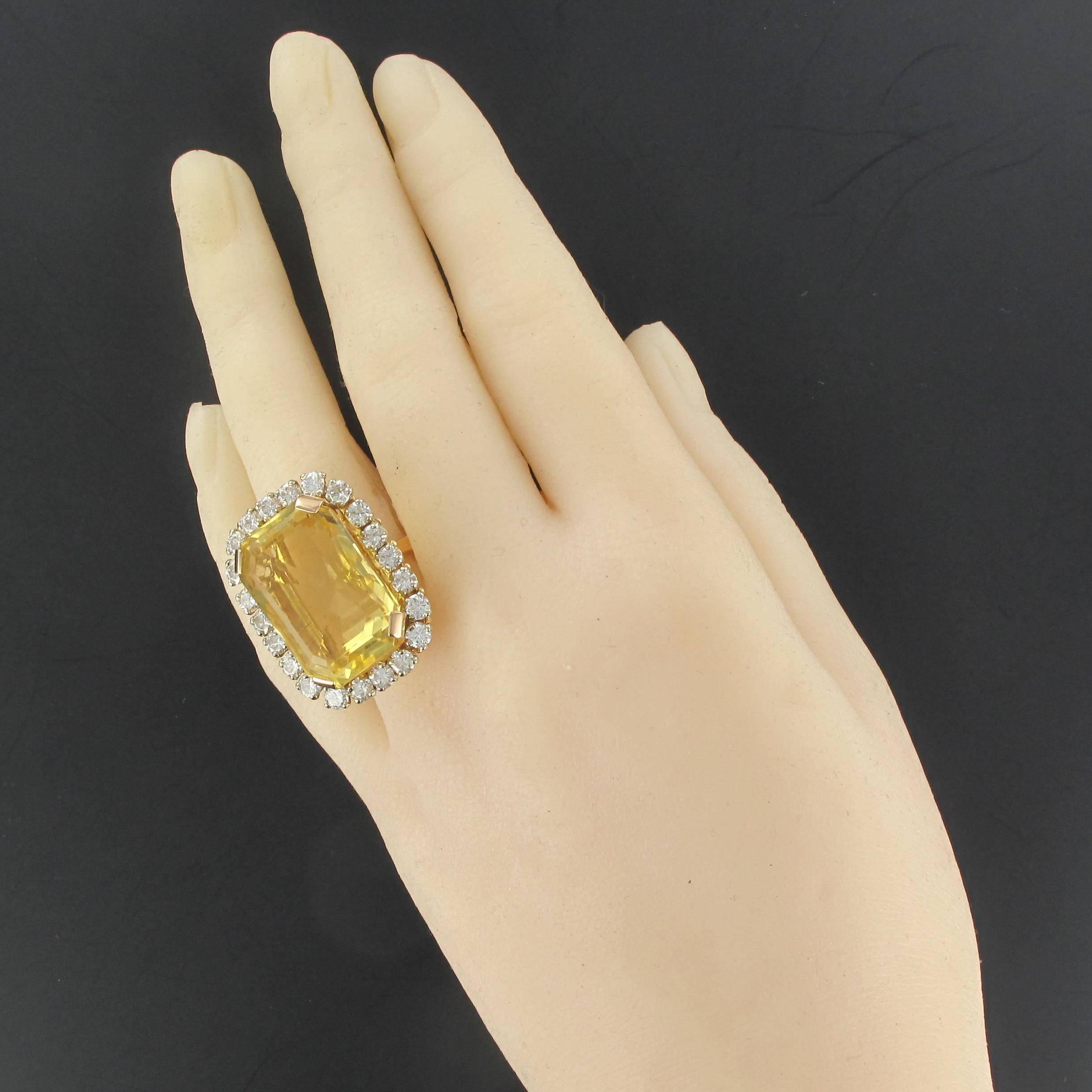 Emerald Cut 1960s 22.85 Carat Citrine 2.65 Carat Diamond 18 Carat Gold Ring