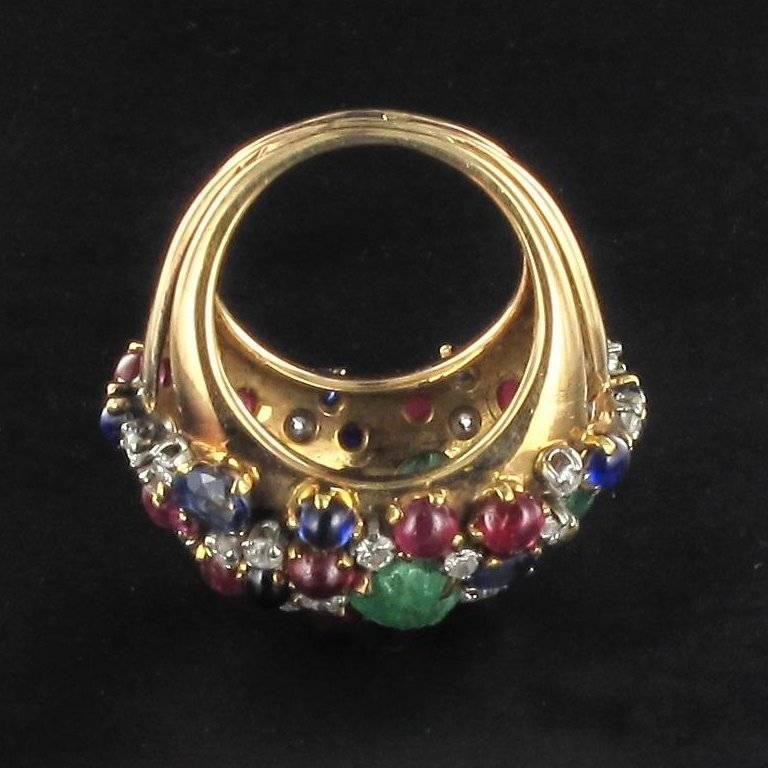 1960s French Ruby Sapphire Engraved Emerald Diamond Gold Ring 10