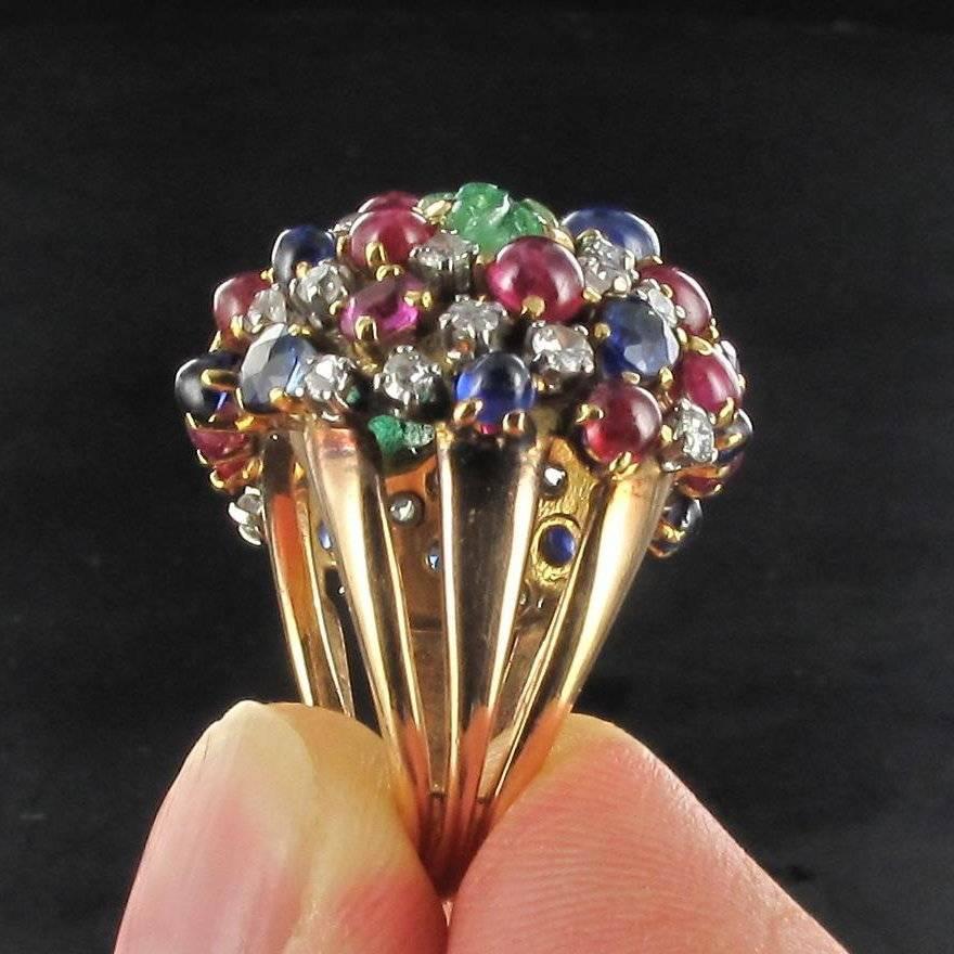 1960s French Ruby Sapphire Engraved Emerald Diamond Gold Ring 9