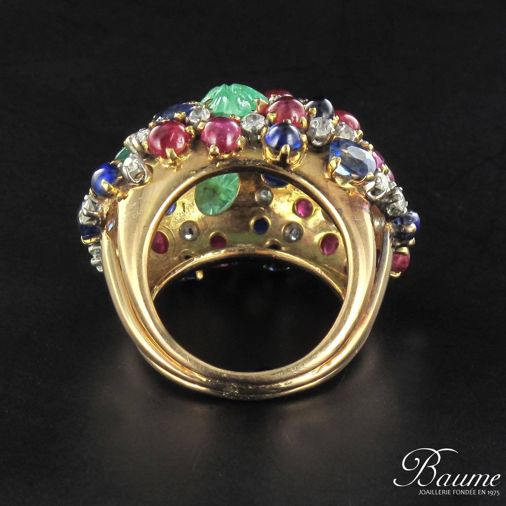 1960s French Ruby Sapphire Engraved Emerald Diamond Gold Ring 11