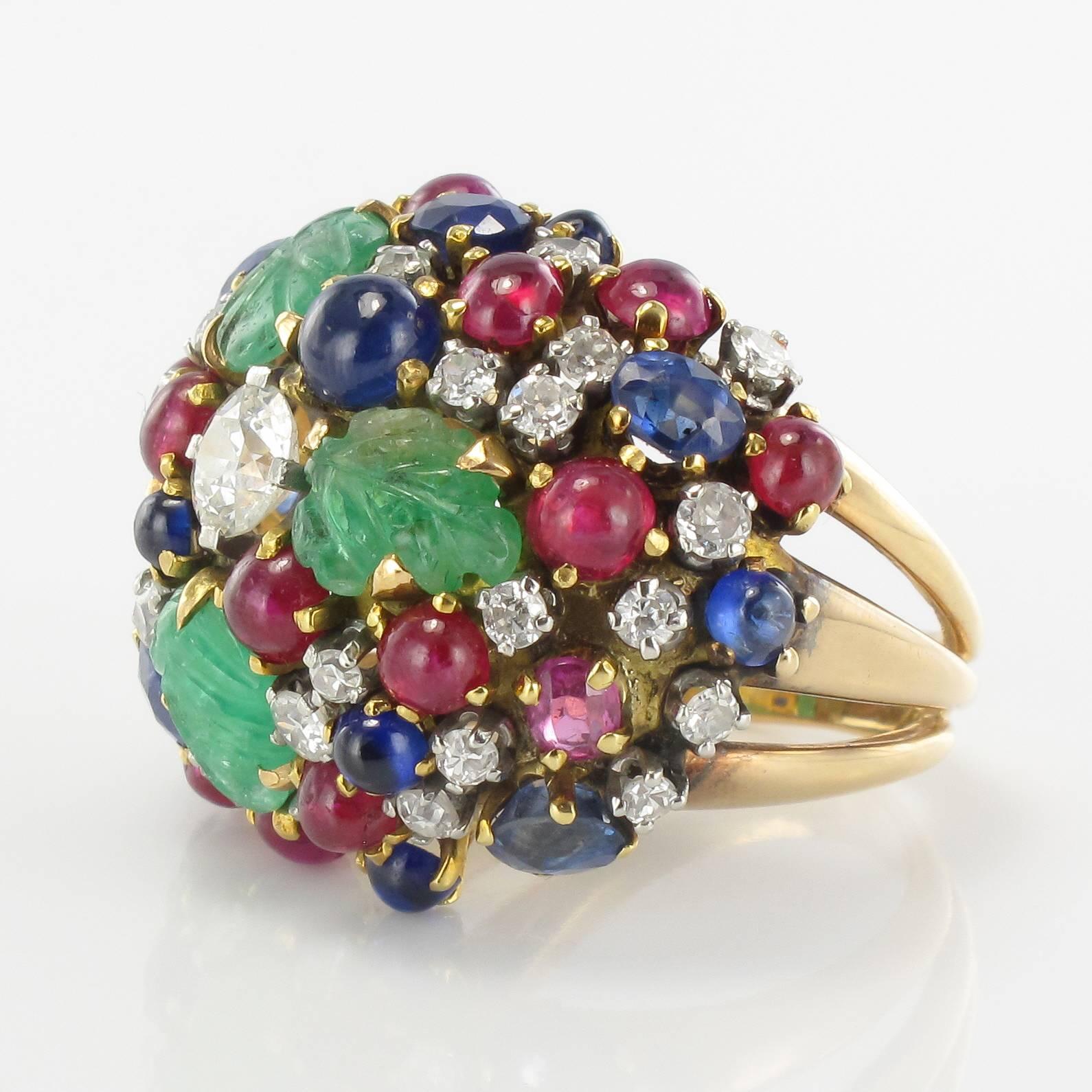 1960s French Ruby Sapphire Engraved Emerald Diamond Gold Ring 8