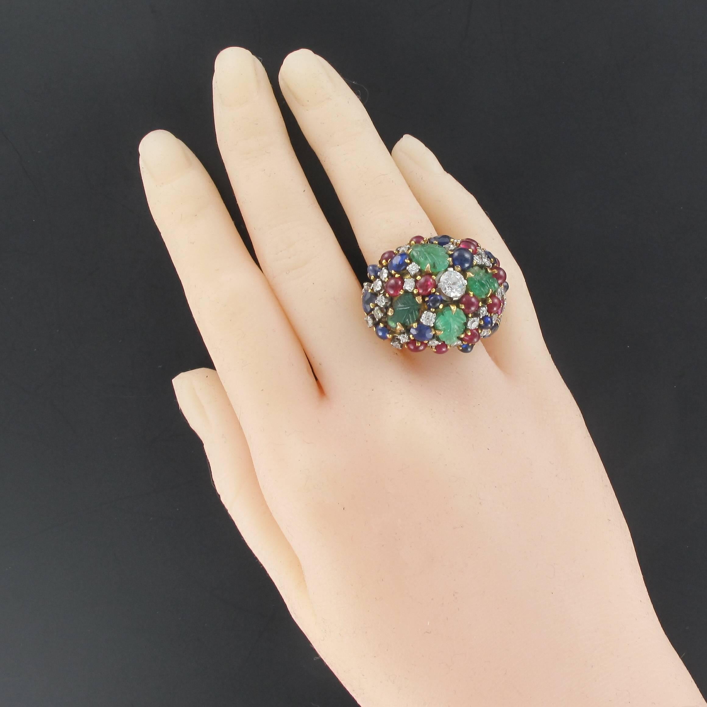 1960s French Ruby Sapphire Engraved Emerald Diamond Gold Ring 7