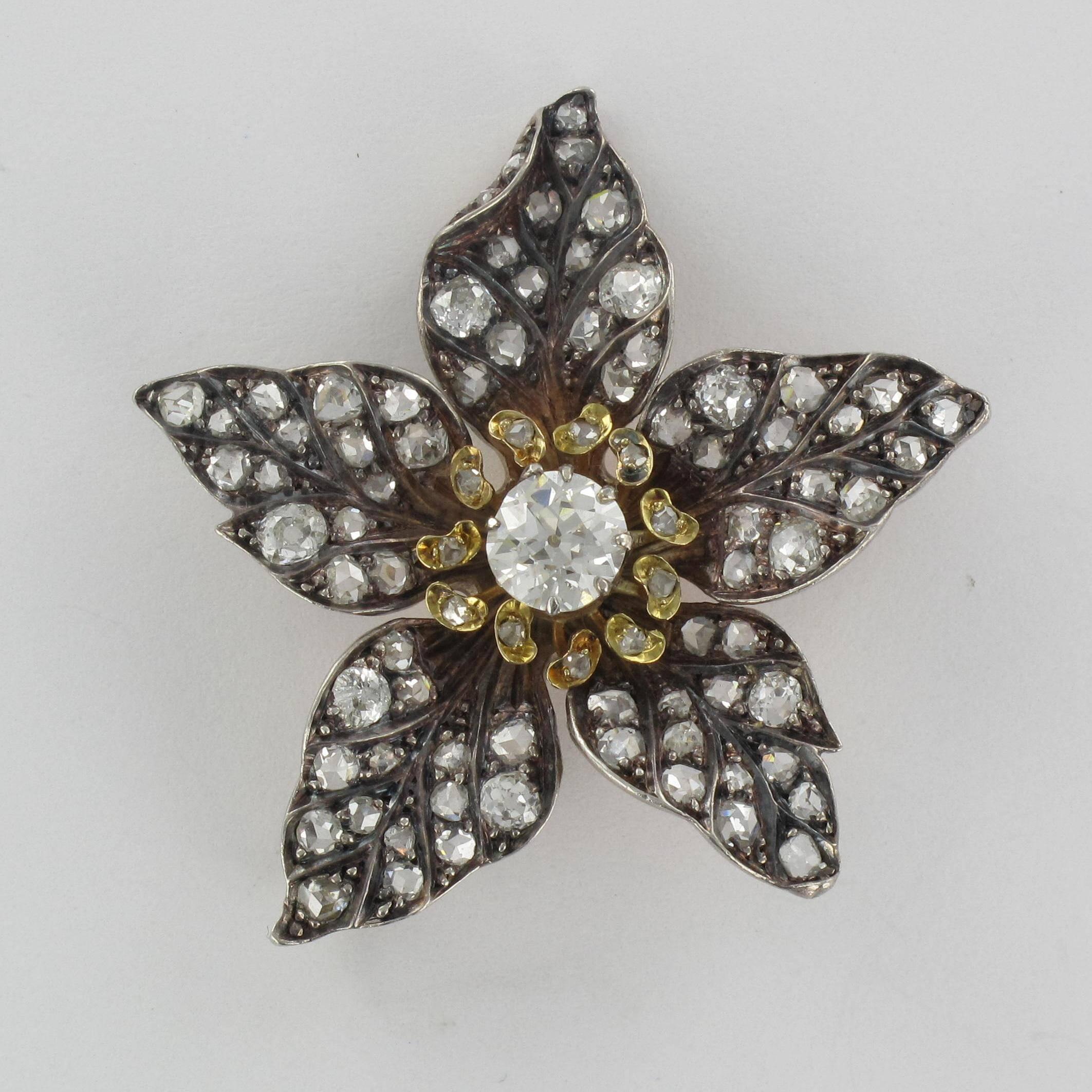 French Antique 19th Century Diamond Silver Gold Flower Pendant For Sale 11