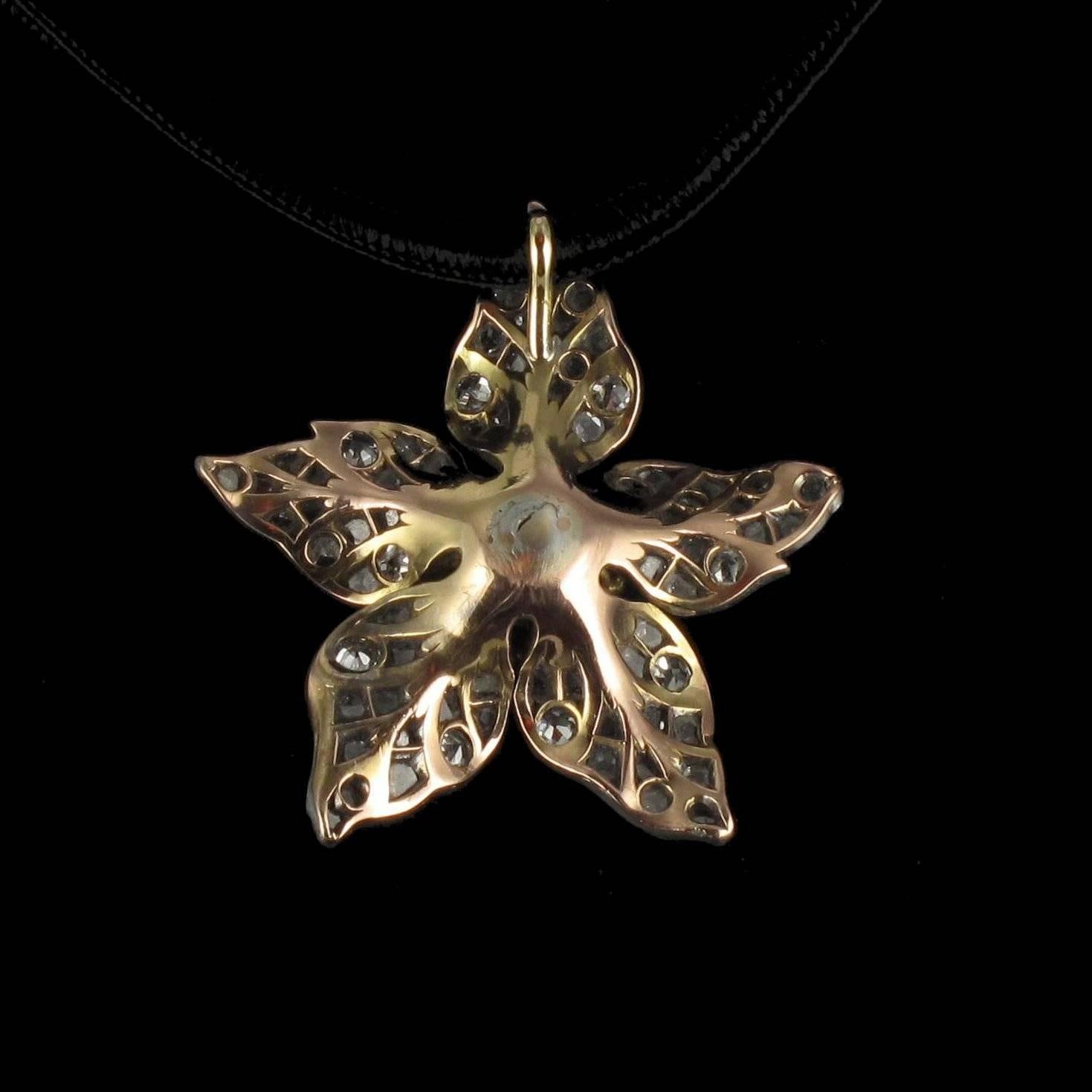 French Antique 19th Century Diamond Silver Gold Flower Pendant For Sale 9