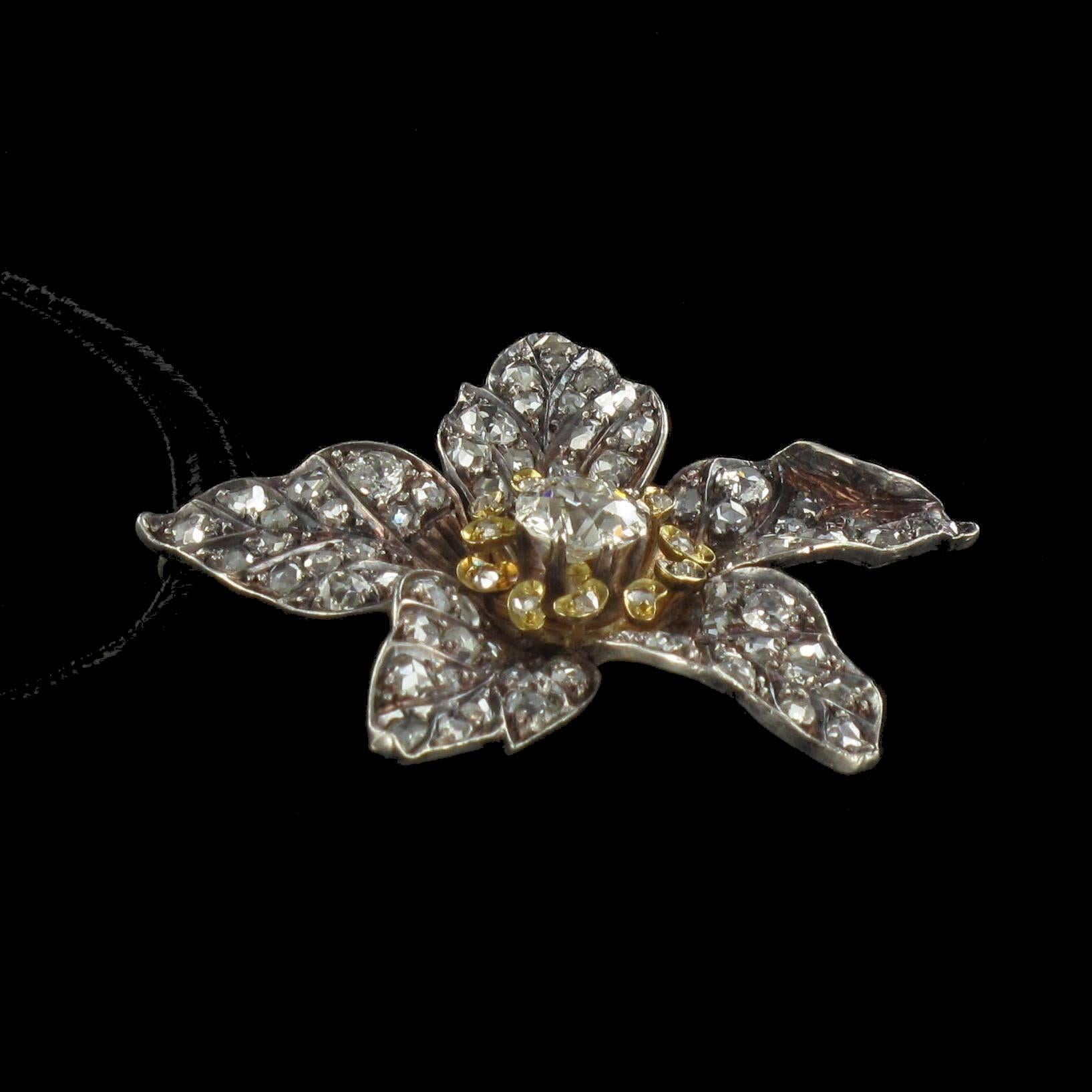 French Antique 19th Century Diamond Silver Gold Flower Pendant For Sale 10