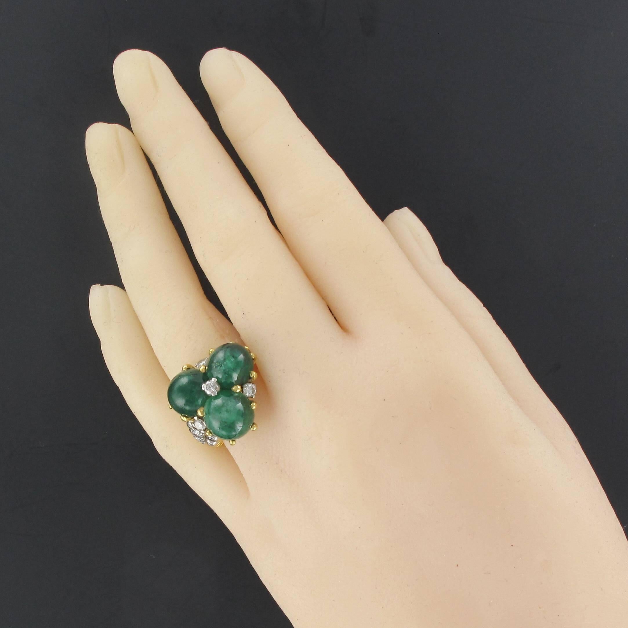 Unique Cabochon Emerald Diamond Gold Ring In Excellent Condition In Poitiers, FR