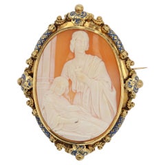 French 19th Century Blue Enamel Cameo 18 Karat Yellow Gold Brooch