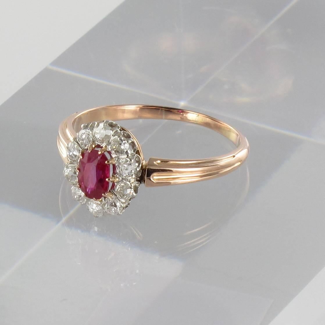 French Antique Ruby Diamond Gold Engagement Ring  In Excellent Condition In Poitiers, FR