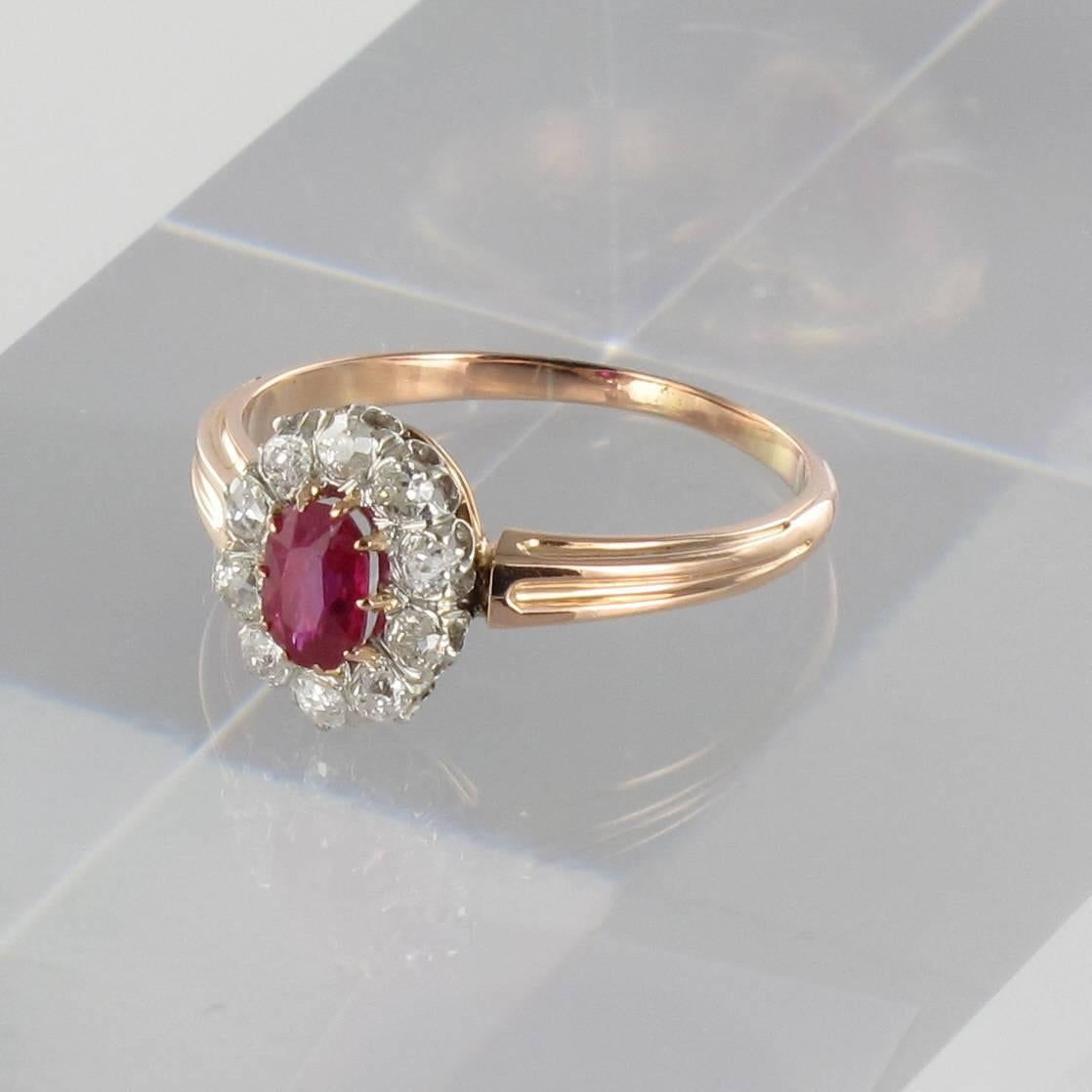 French Antique Ruby Diamond Gold Engagement Ring In Excellent Condition In Poitiers, FR