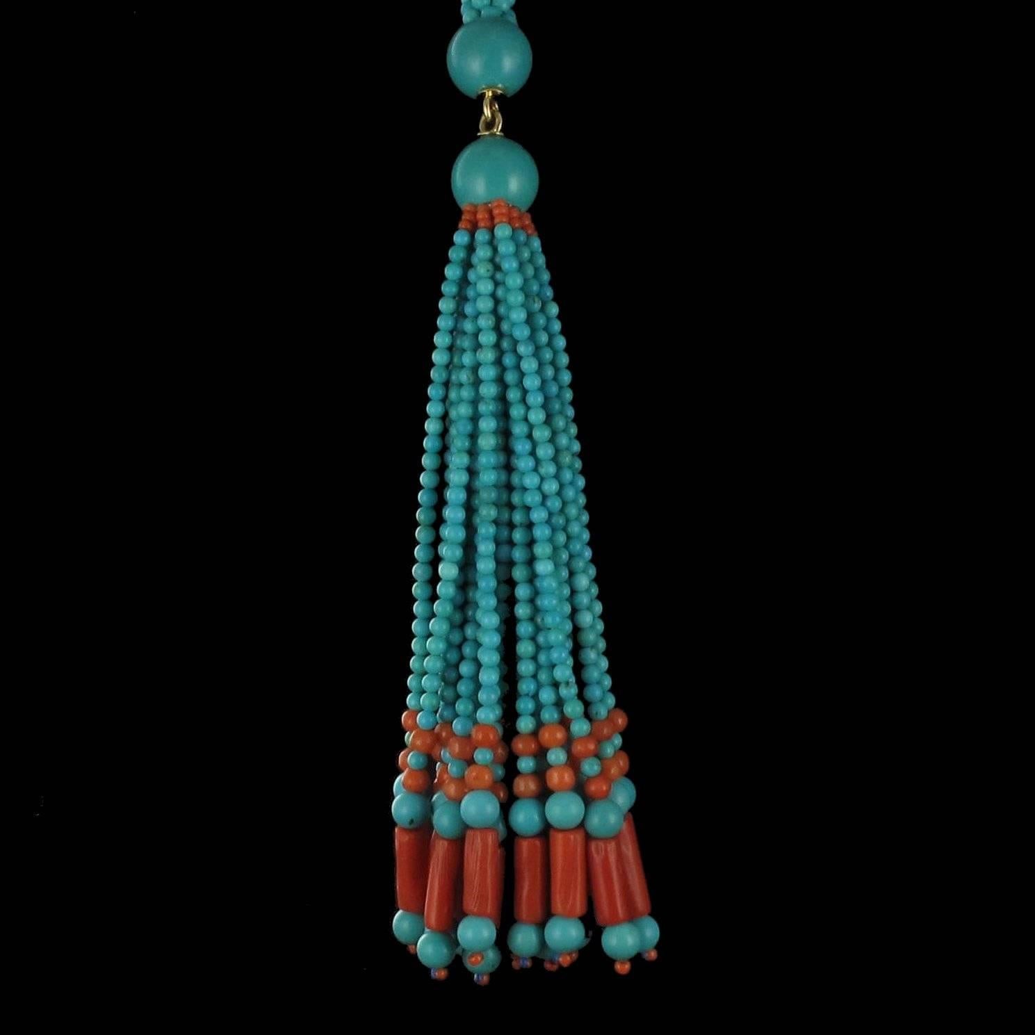 French Turquoise Coral Sautoir Necklace 4