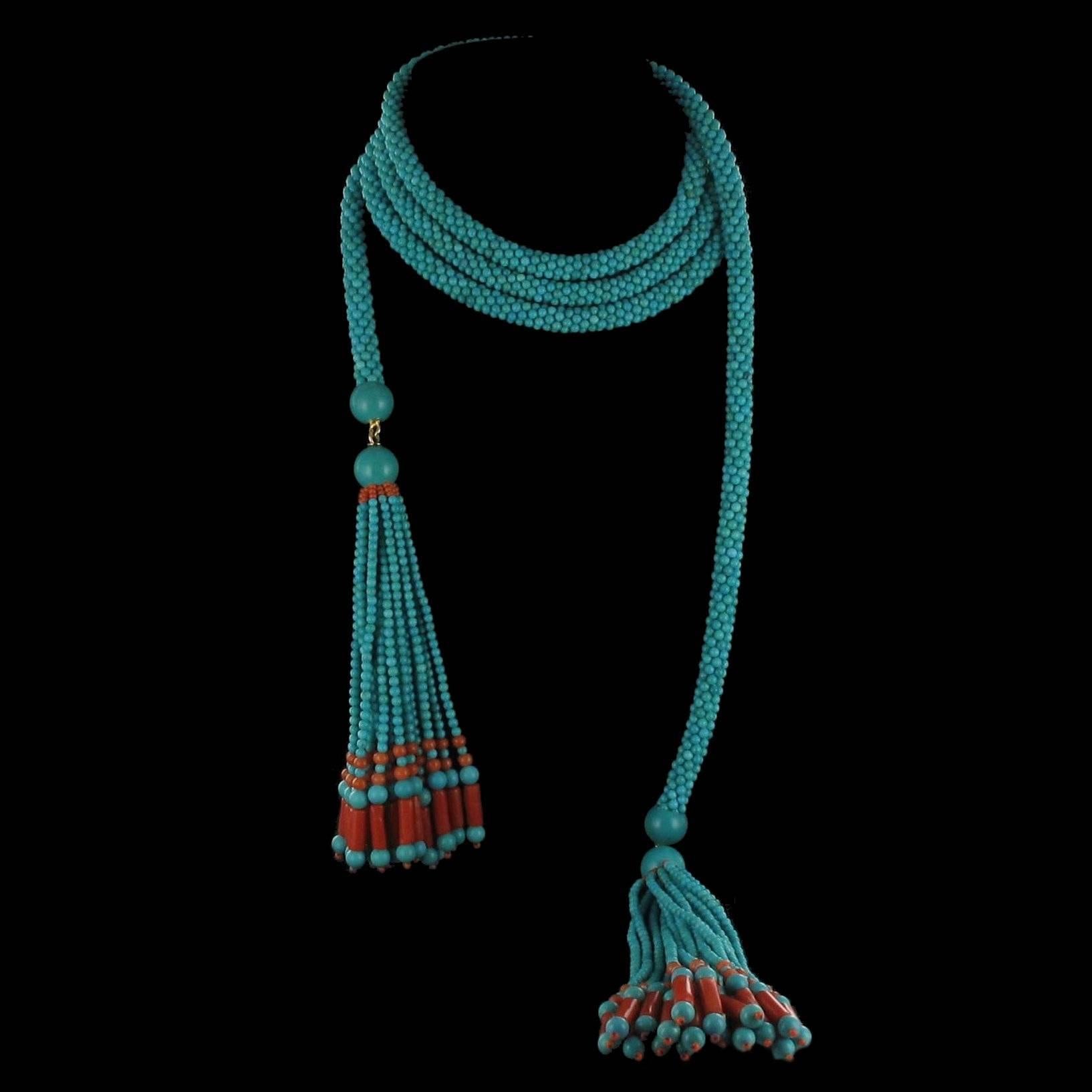 French Turquoise Coral Sautoir Necklace 2