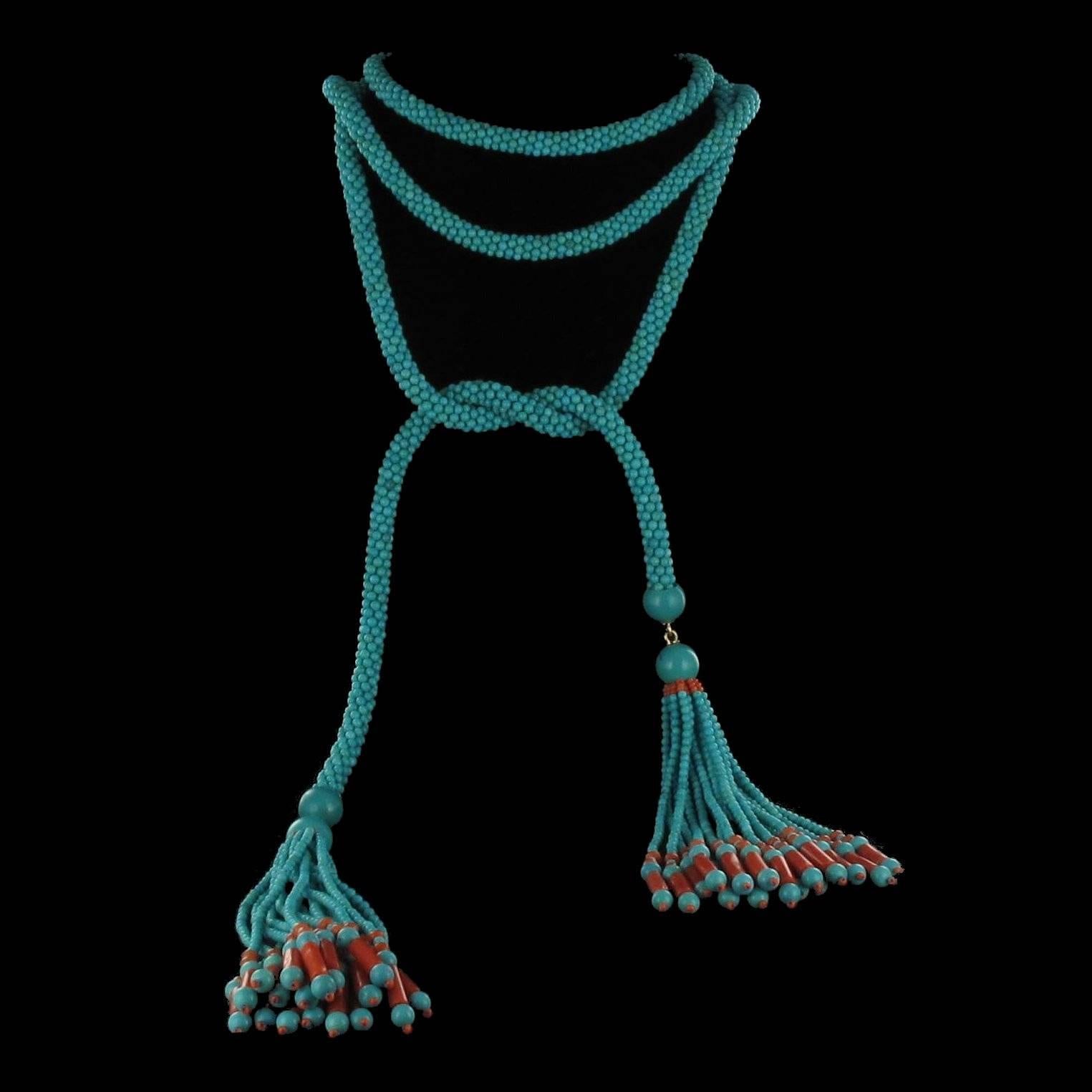 French Turquoise Coral Sautoir Necklace 3