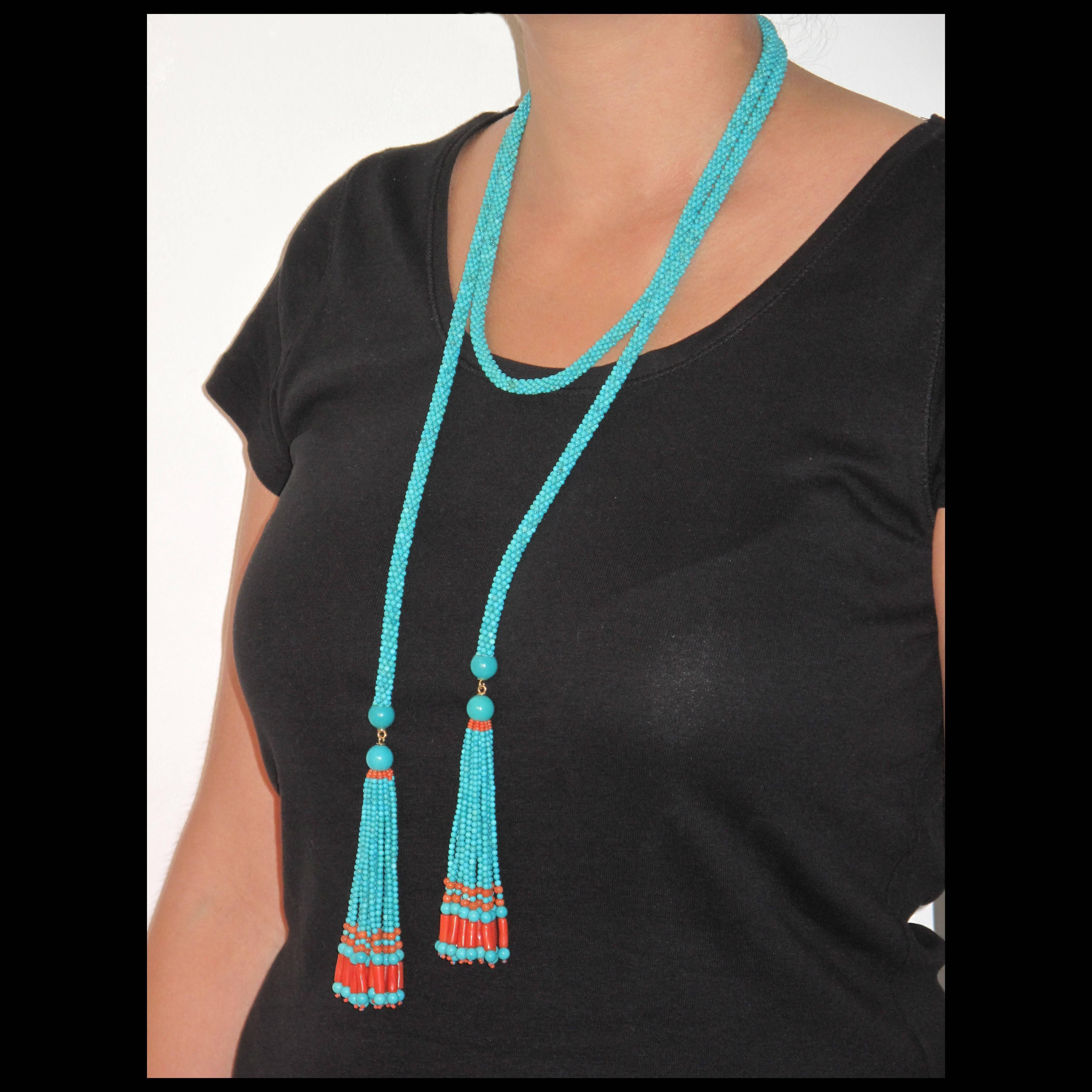 French Turquoise Coral Sautoir Necklace 1