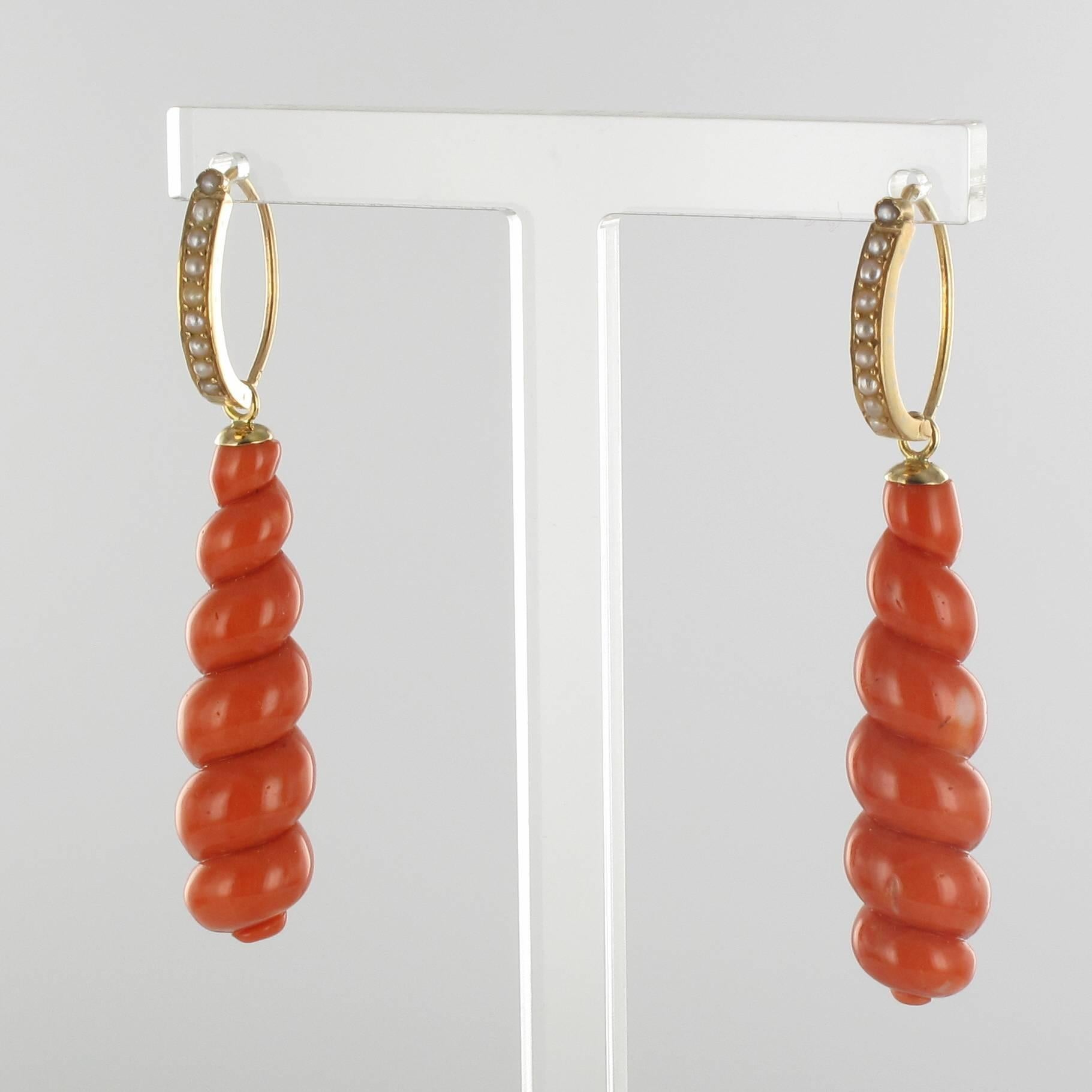 French Antique Coral Natural Pearl Gold Dangle Earrings  1