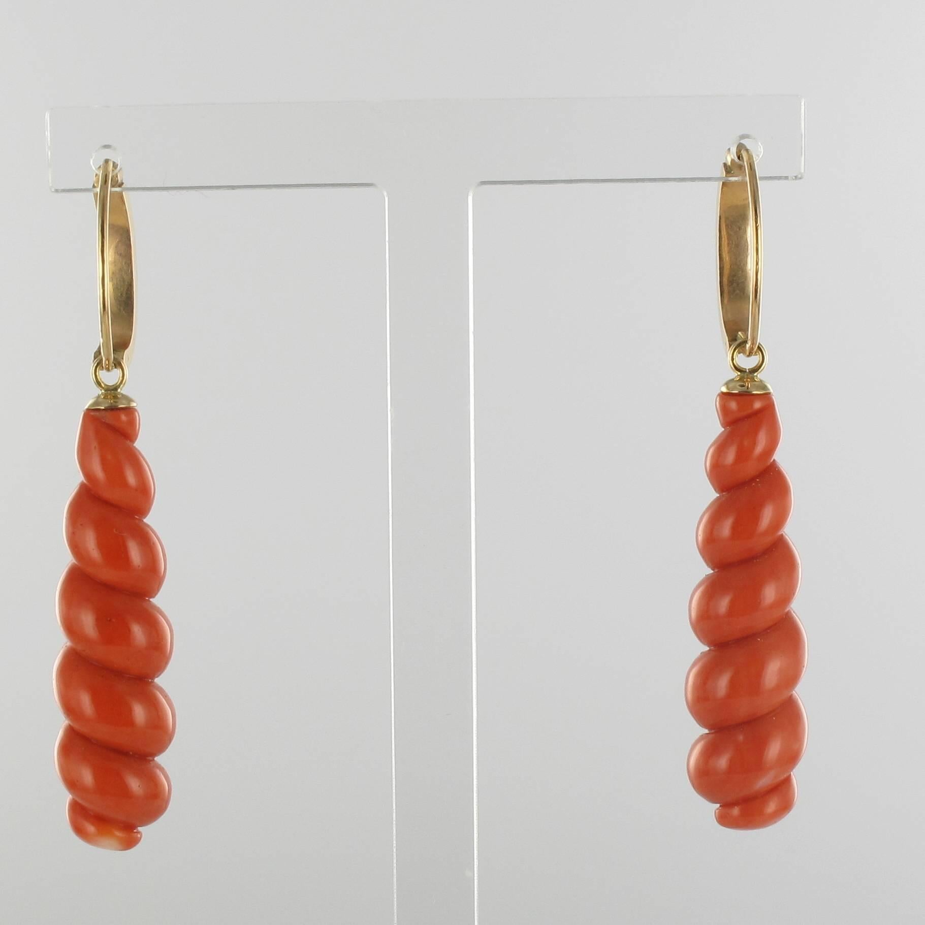 Women's French Antique Coral Natural Pearl Gold Dangle Earrings 