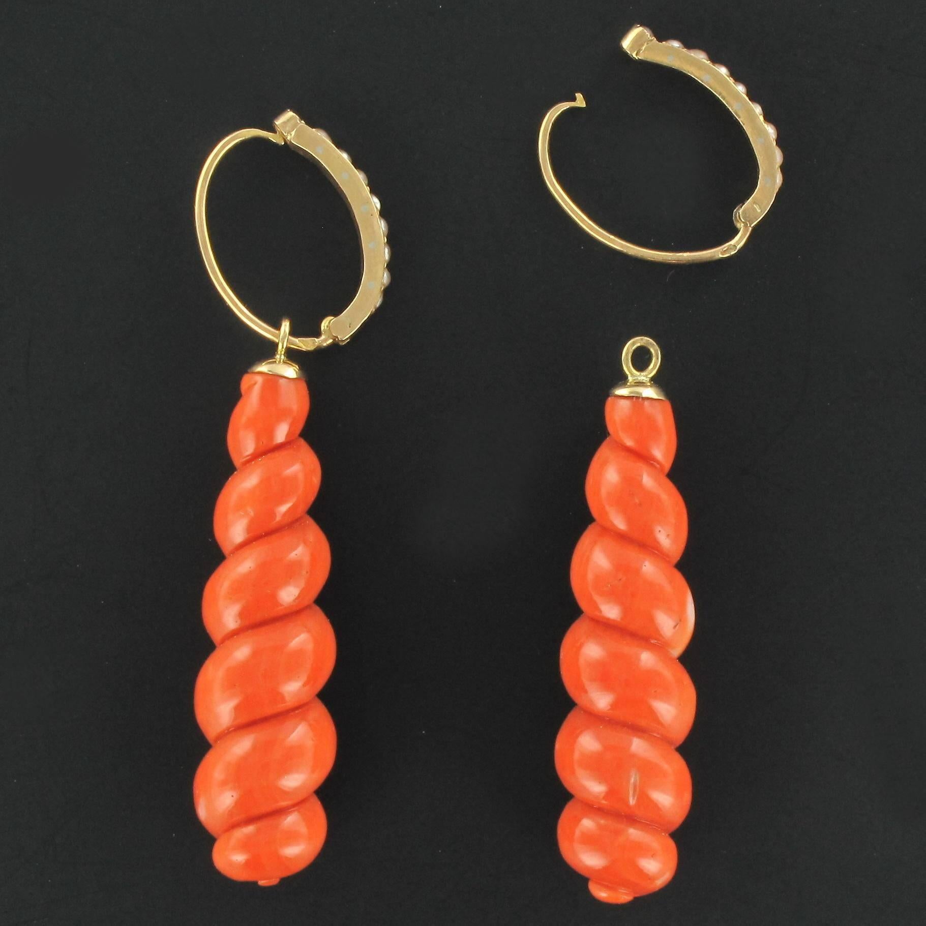 French Antique Coral Natural Pearl Gold Dangle Earrings  In Excellent Condition In Poitiers, FR