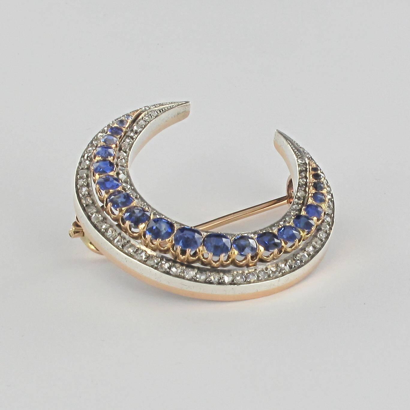 French Napoleon 3 Antique Crescent Moon Sapphire Diamond Brooch  For Sale 2