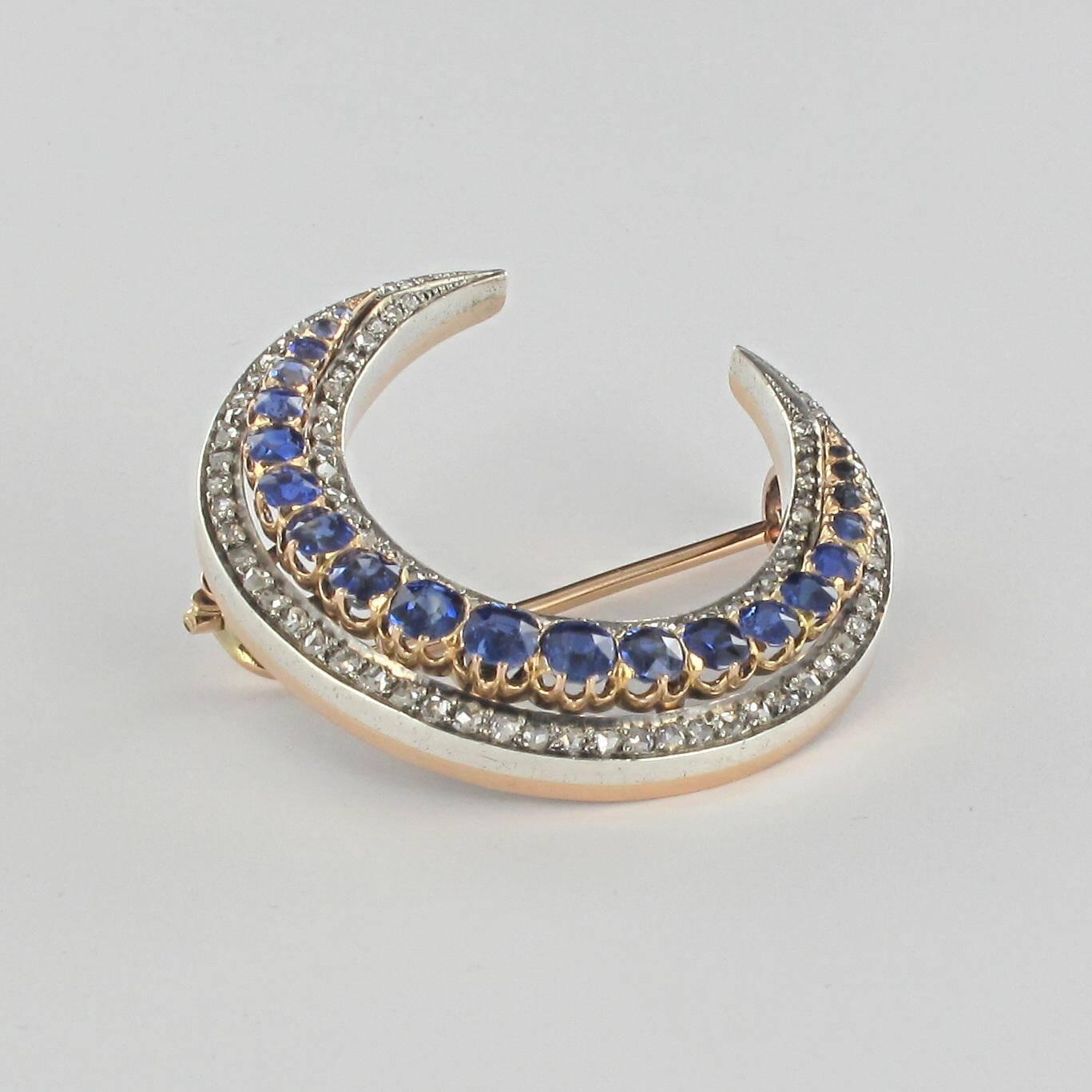 French Napoleon 3 Antique Crescent Moon Sapphire Diamond Brooch 2