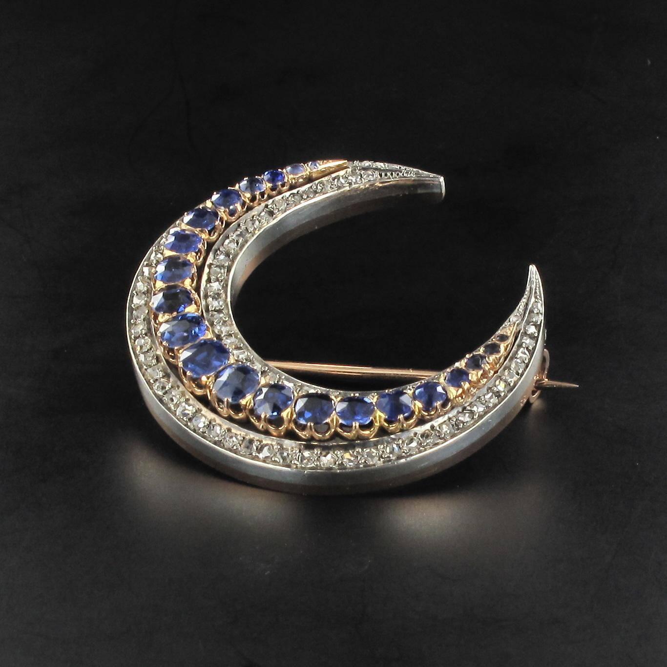 French Napoleon 3 Antique Crescent Moon Sapphire Diamond Brooch  For Sale 3