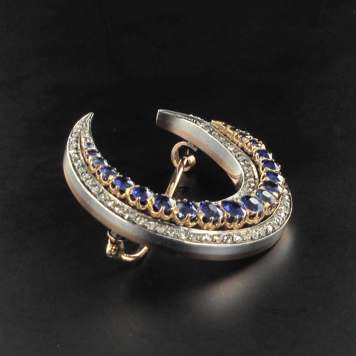 French Napoleon 3 Antique Crescent Moon Sapphire Diamond Brooch  For Sale 4