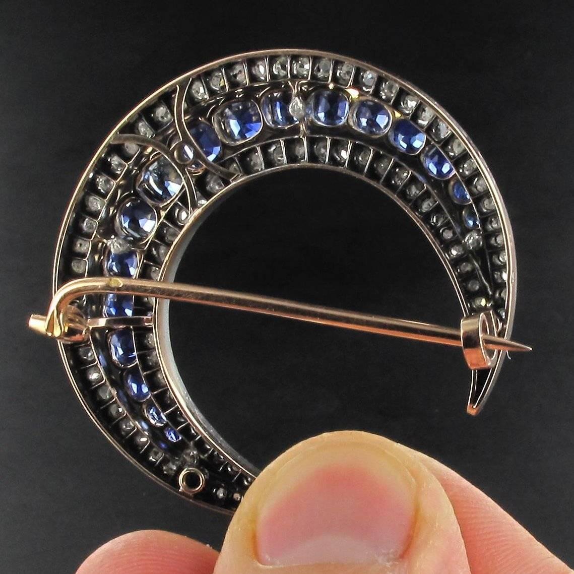 French Napoleon 3 Antique Crescent Moon Sapphire Diamond Brooch 5