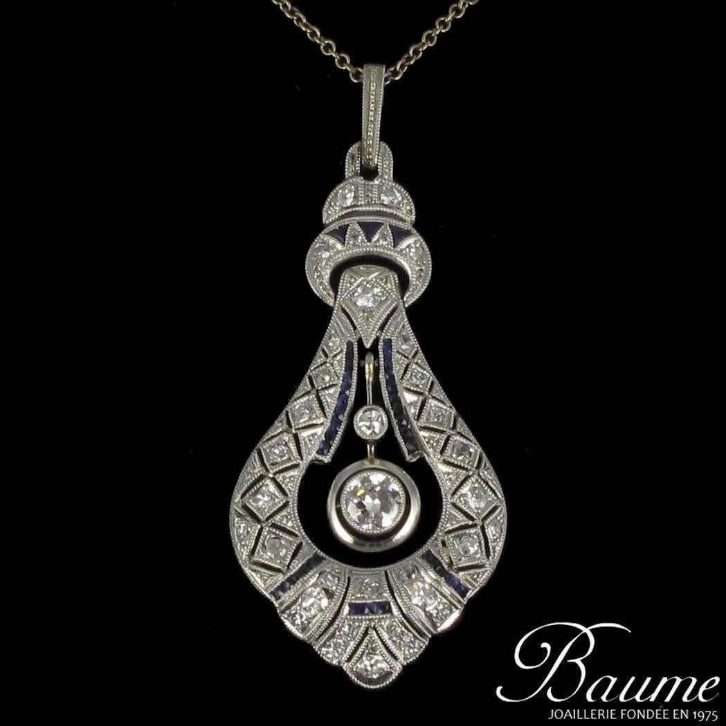 French Art Deco Pearl Sapphire Diamond Platinum Pendant 4