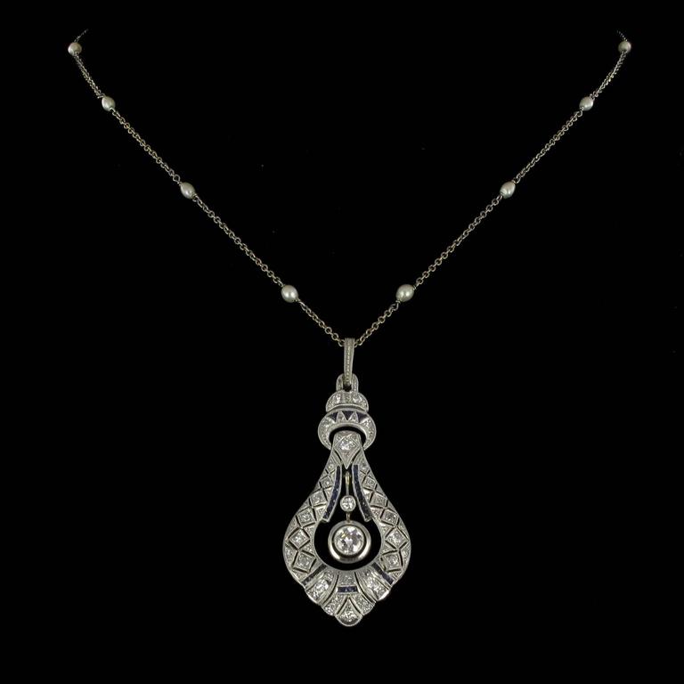 French Art Deco Pearl Sapphire Diamond Platinum Pendant For Sale at ...