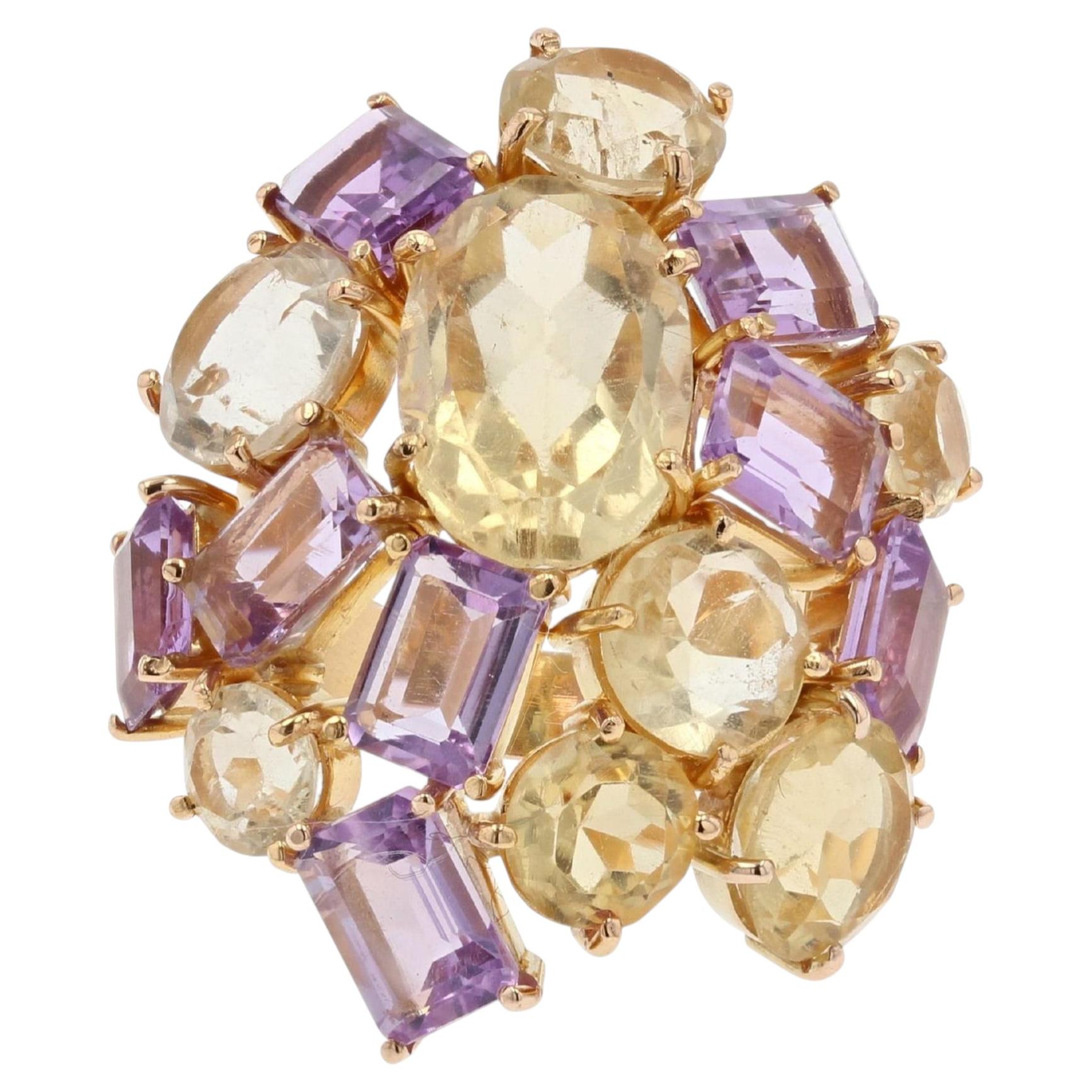 Modern Amethyst Citrine 18 Karat Yellow Gold Cocktail Ring