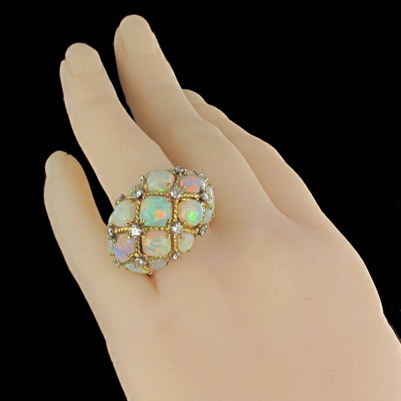 1960s Retro Australian Opal Diamond 18 Karats Gold Domed Ring  7