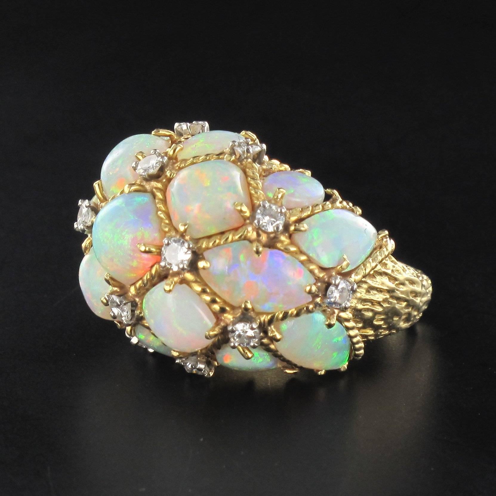 1960s Retro Australian Opal Diamond 18 Karats Gold Domed Ring  4