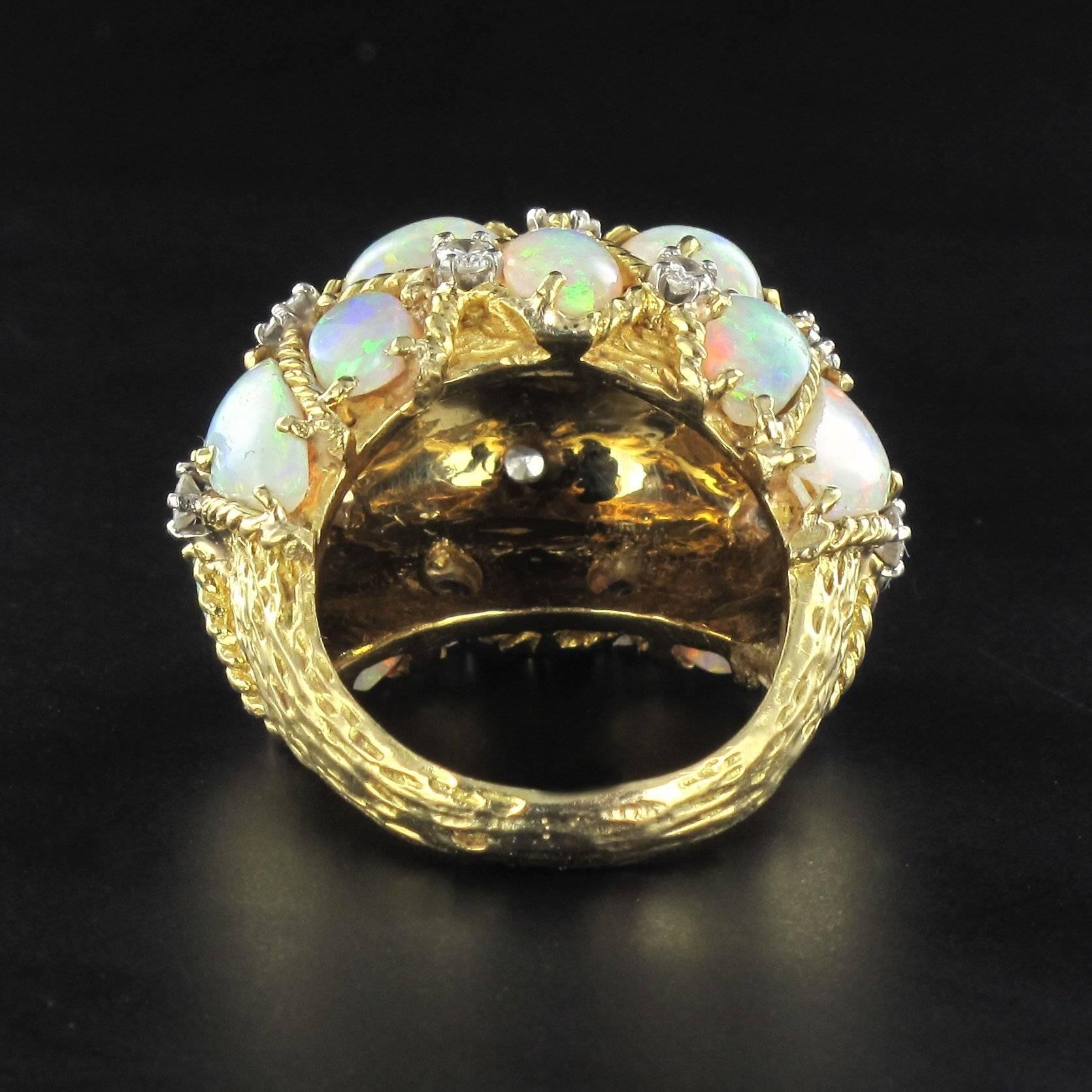1960s Retro Australian Opal Diamond 18 Karats Gold Domed Ring  5
