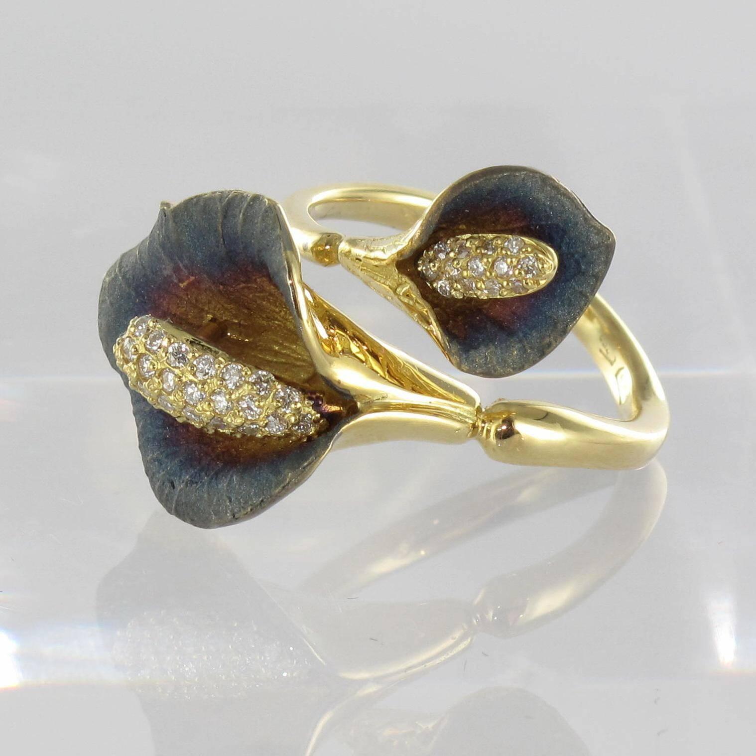 Enamel Diamond Gold Arum Flowers Ring 1