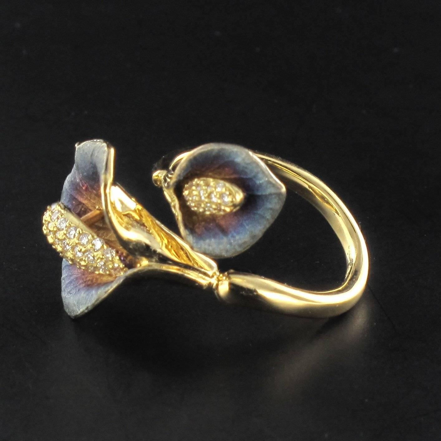 Art Nouveau Enamel Diamond Gold Arum Flowers Ring