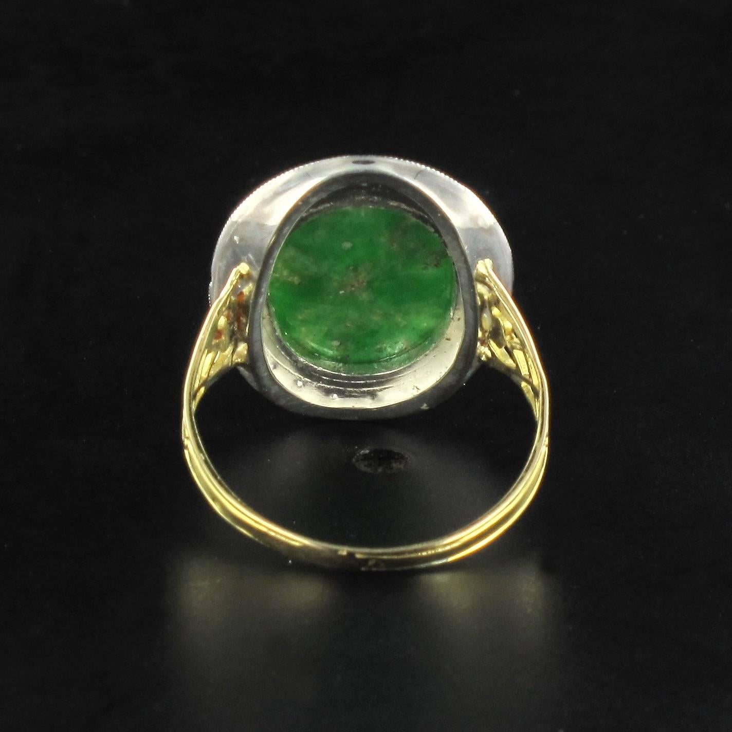 Napoleon III French Antique Jade Rose Cut Diamond Ring