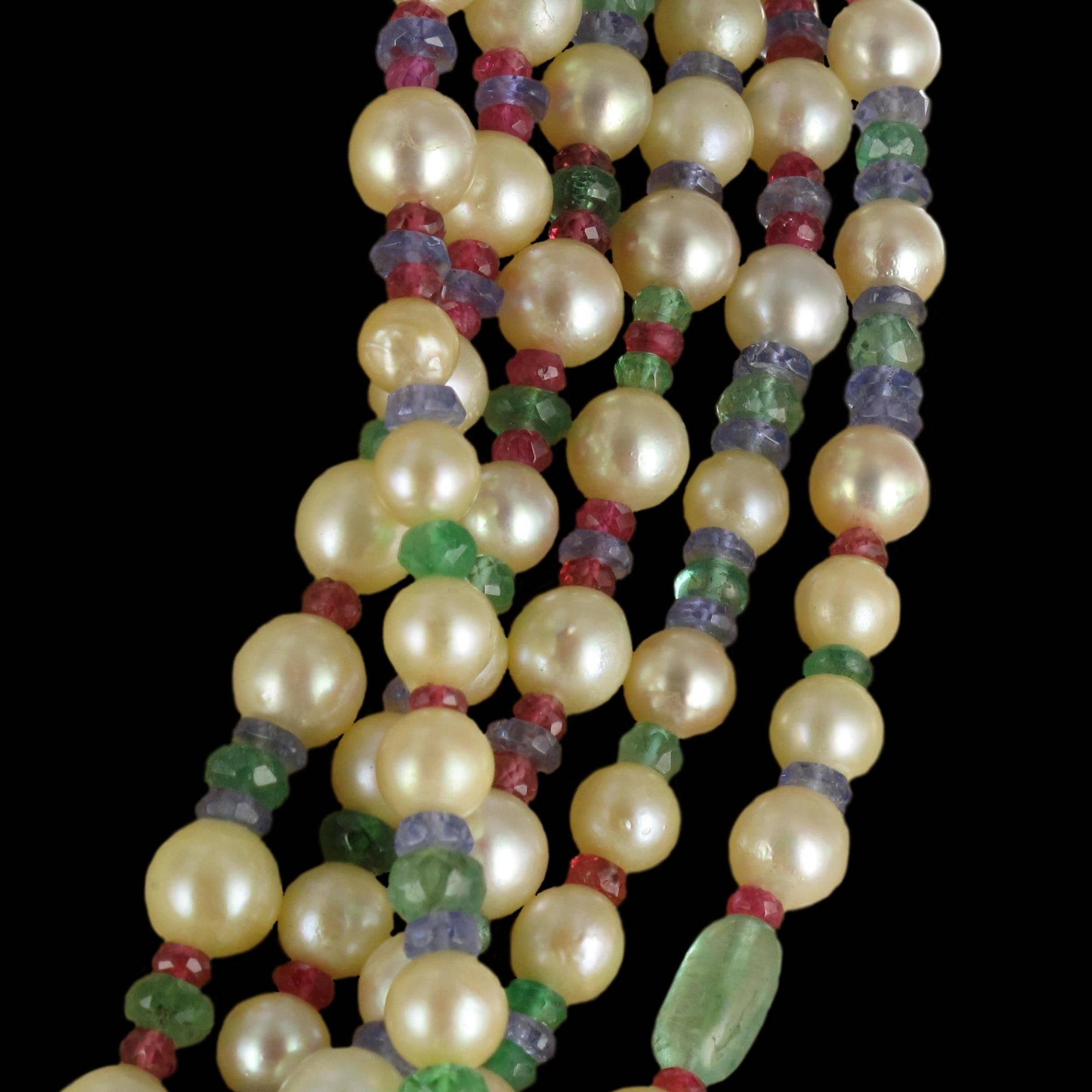 French Pearl Emerald Sapphire Ruby Spinel Gold Torsade Necklace In Excellent Condition For Sale In Poitiers, FR