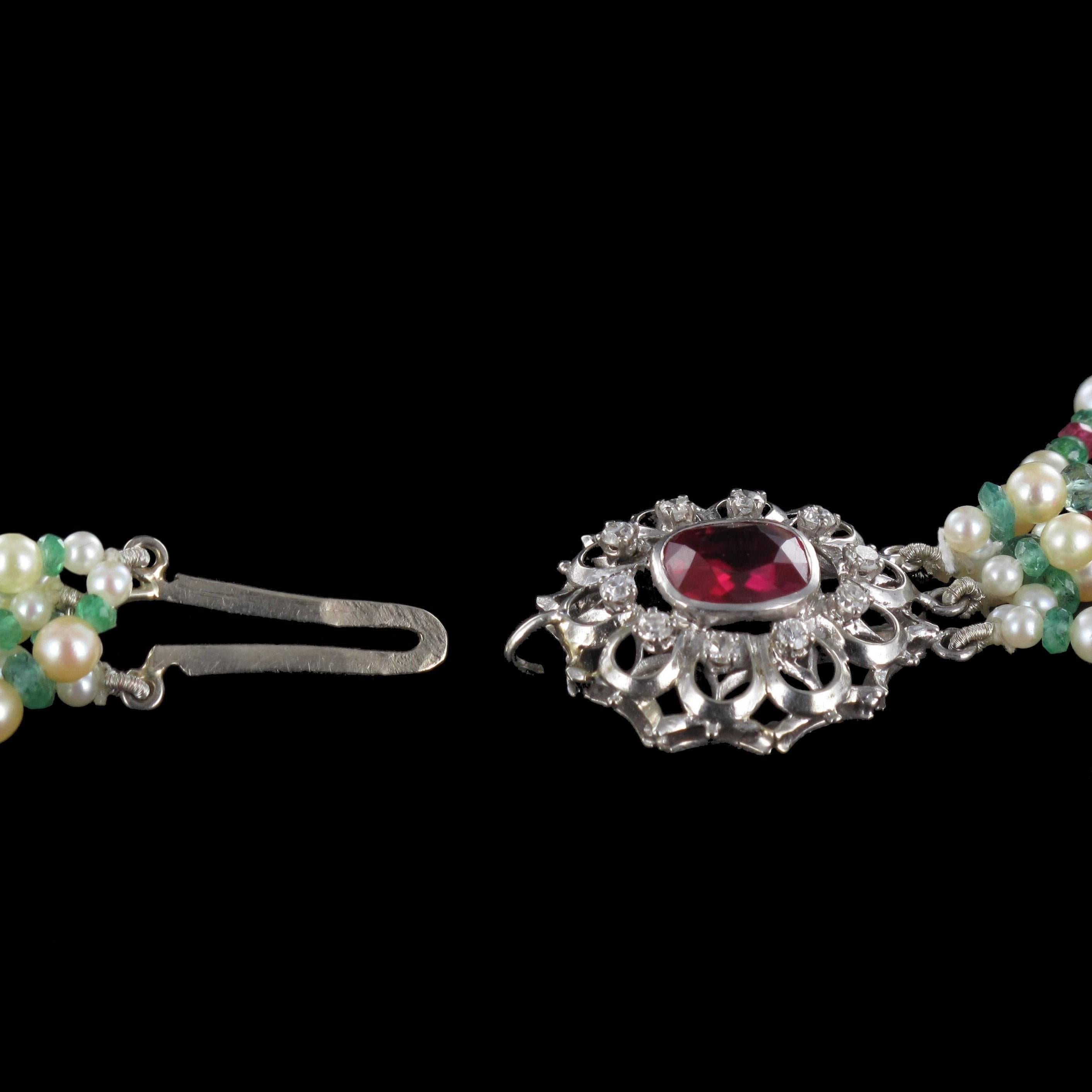 Brilliant Cut French Pearl Emerald Sapphire Ruby Spinel Gold Torsade Necklace For Sale