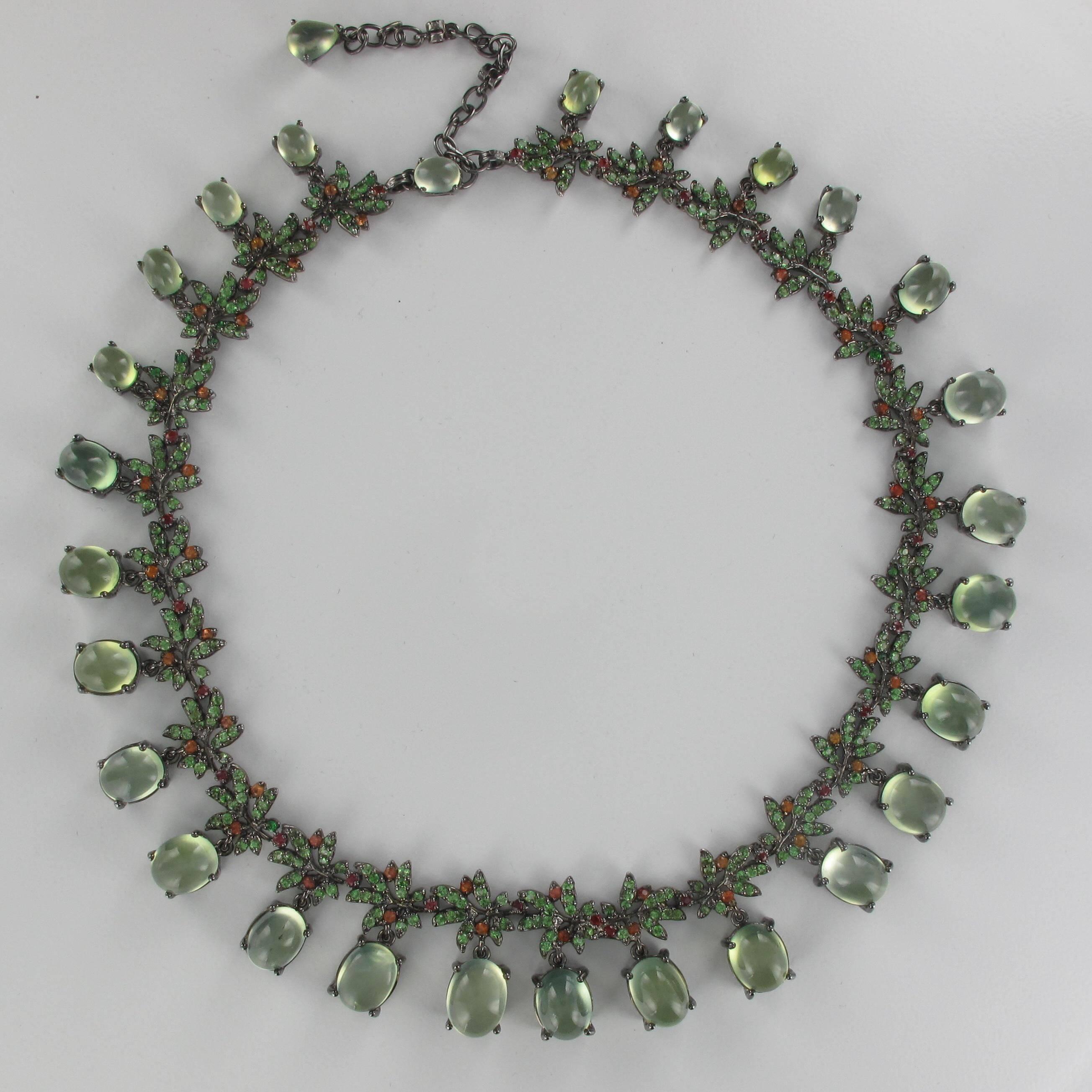 Modern Orange Sapphire Prehnite Green Garnet Darkened Silver Necklace For Sale 10