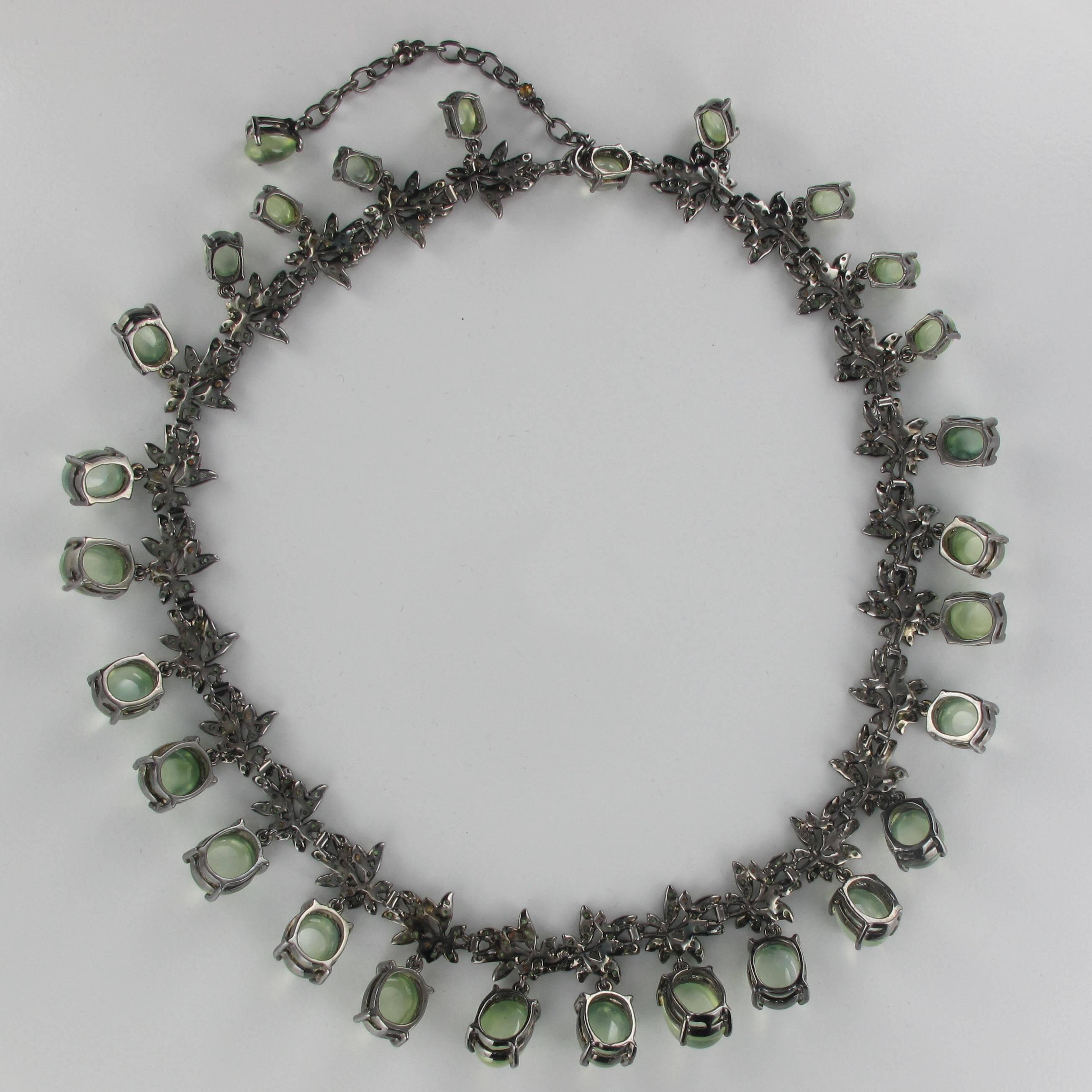 Modern Orange Sapphire Prehnite Green Garnet Darkened Silver Necklace For Sale 11