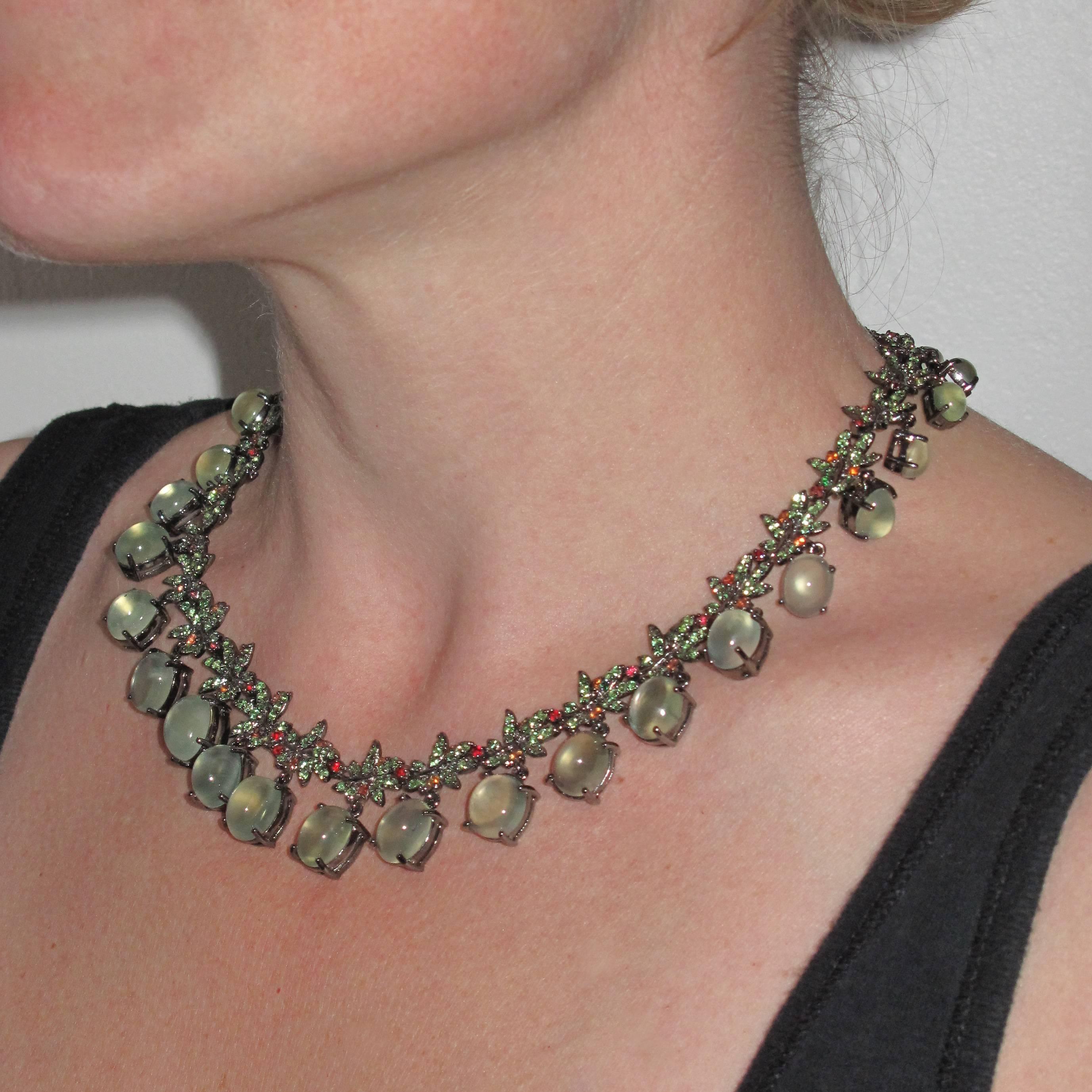Modern Orange Sapphire Prehnite Green Garnet Darkened Silver Necklace For Sale 8