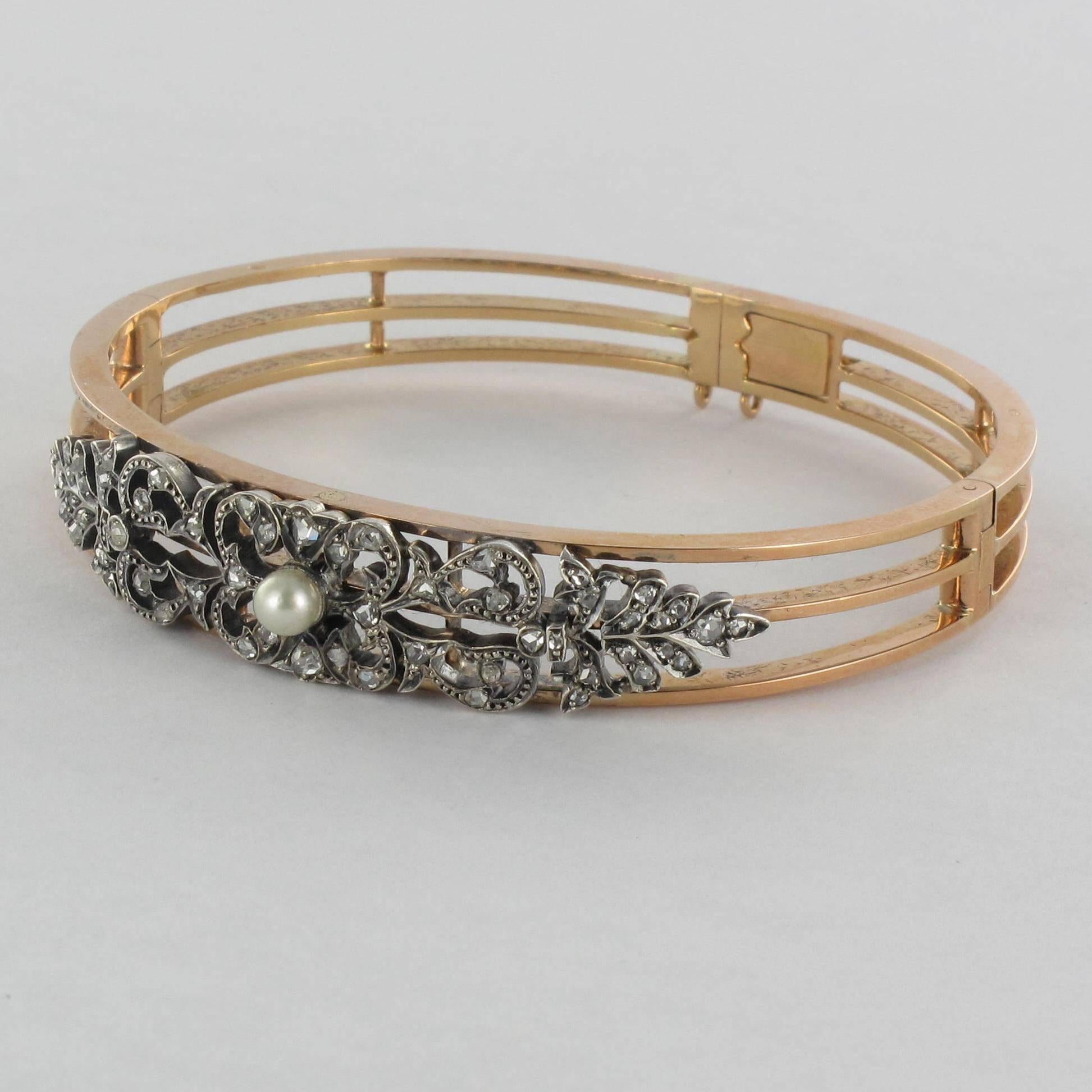 Women's French Napoleon 3 Antique Natural Pearl Diamond Silver Gold Bangle Bracelet For Sale
