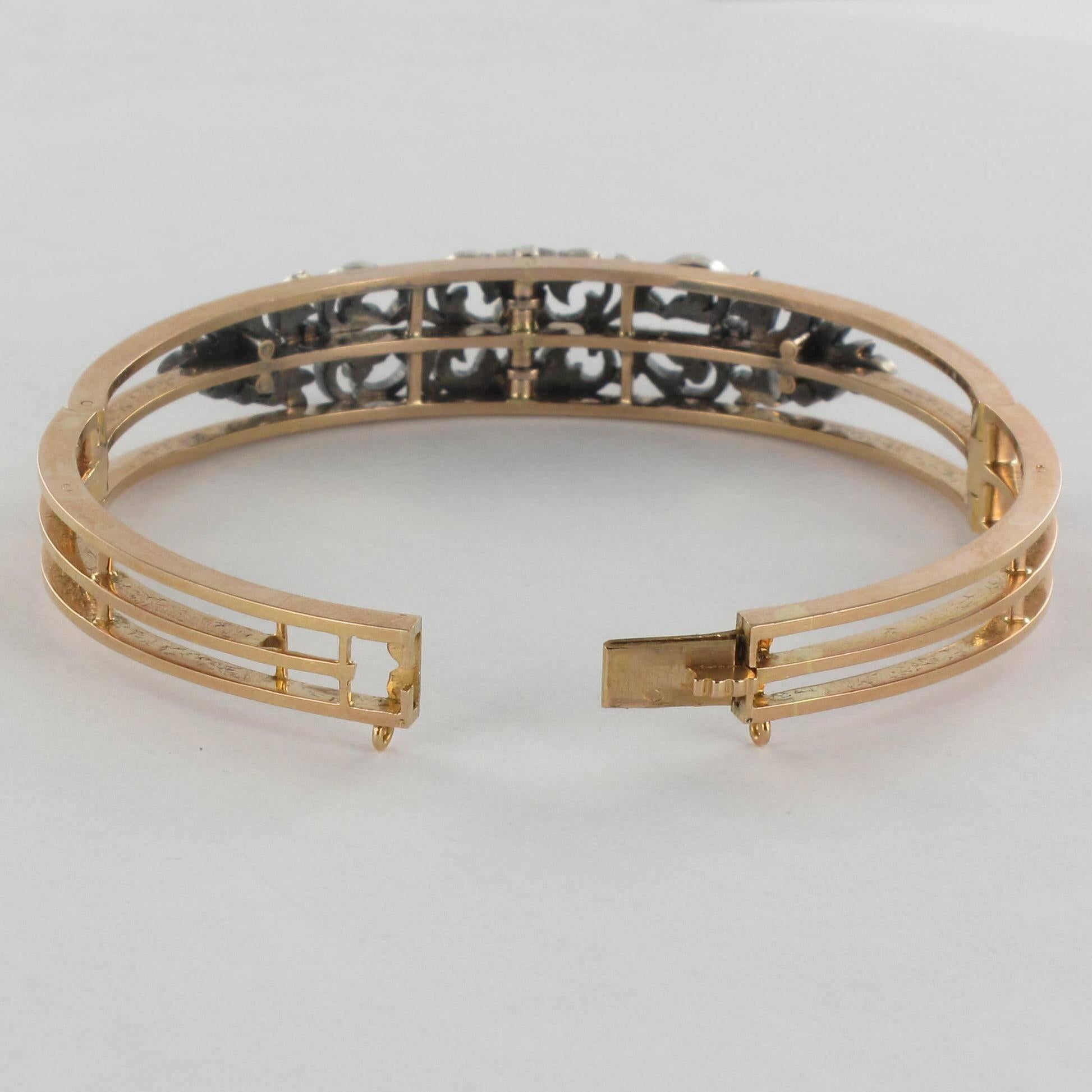 French Napoleon 3 Antique Natural Pearl Diamond Silver Gold Bangle Bracelet For Sale 1