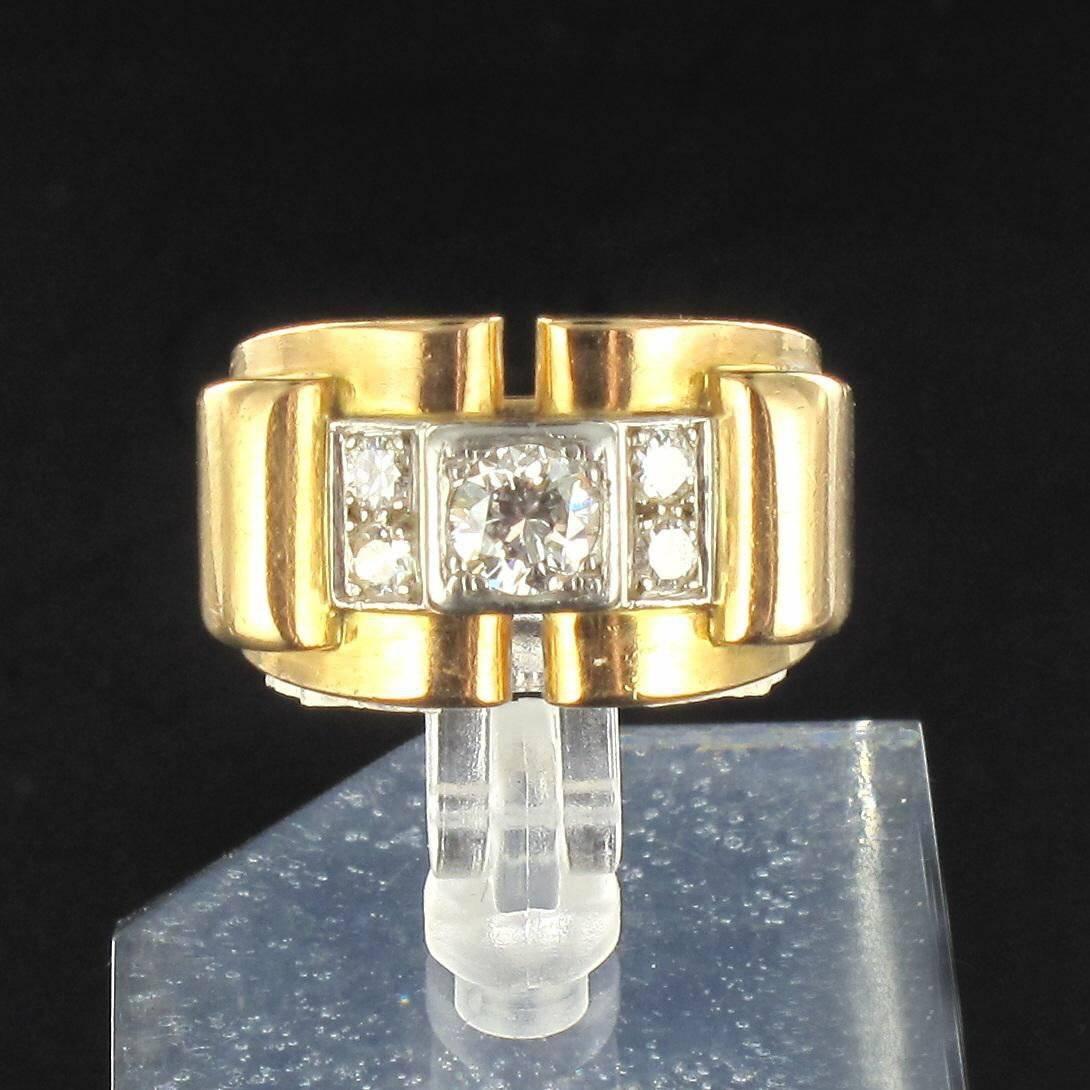 1940er Jahre Retro Französisch Diamant 18 Karat Gelbgold Platin Brücke Tank Ring Damen