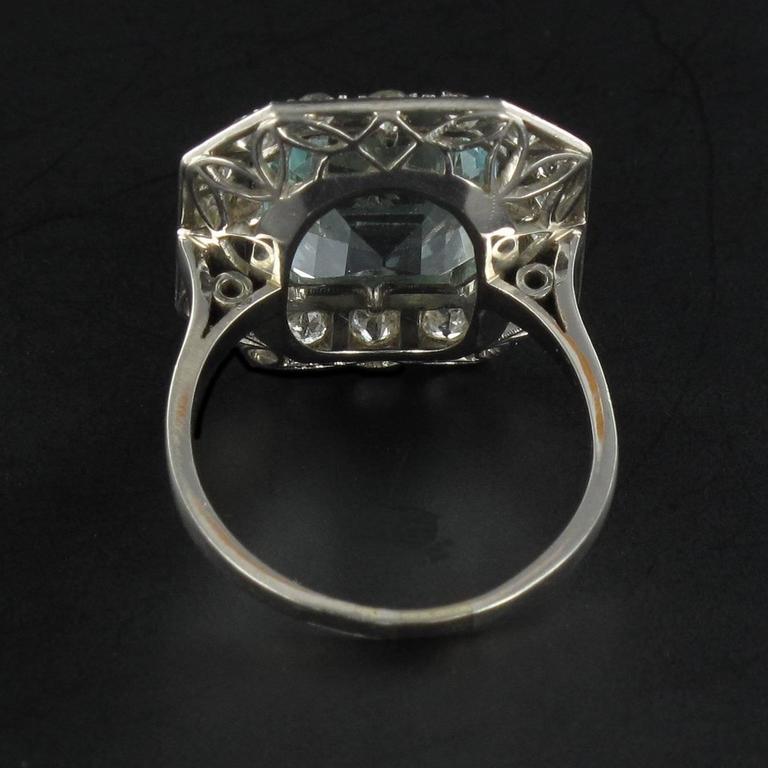 French Art Deco Aquamarine Diamond Gold Platinum Ring at 1stDibs