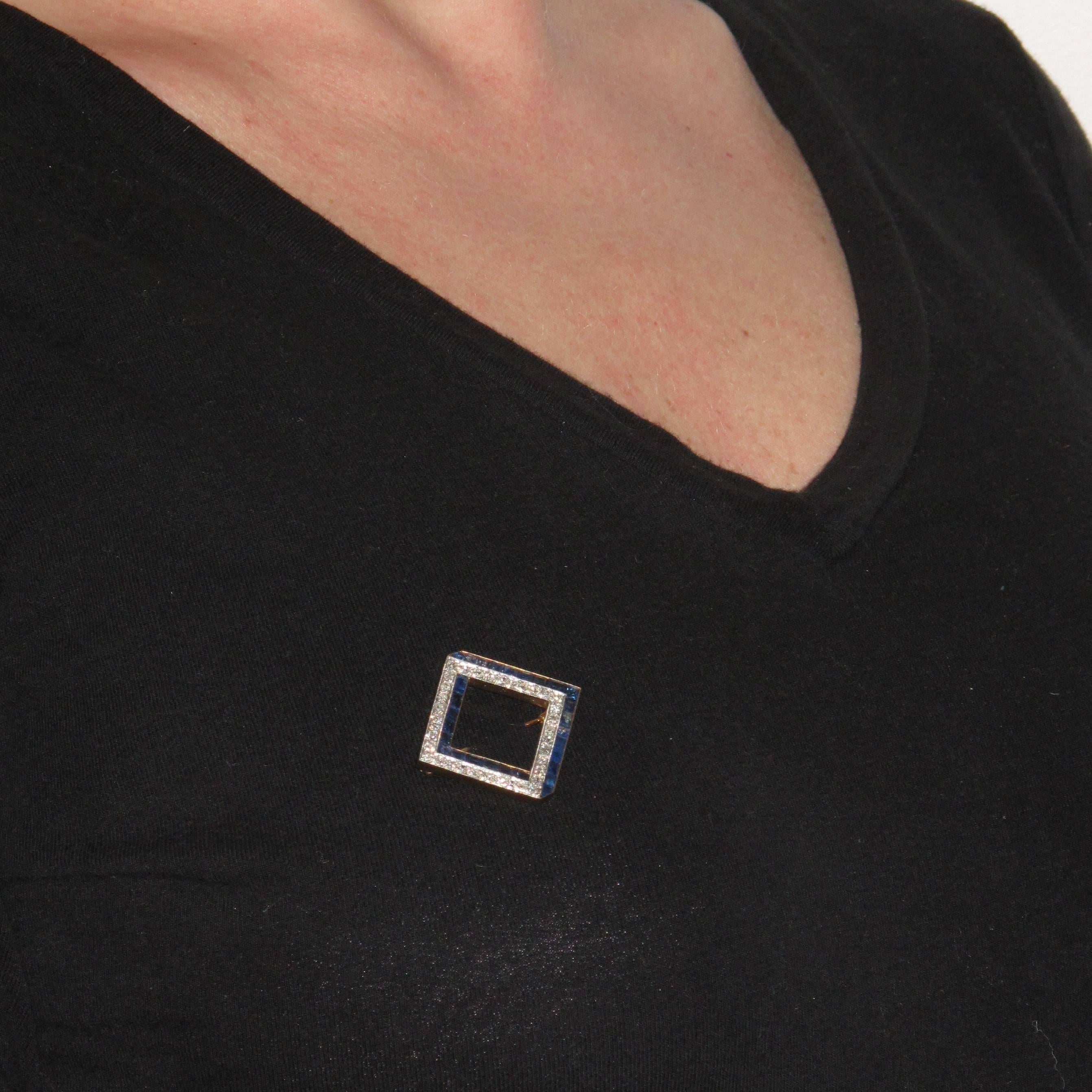 Women's French Art Deco Calibrated Sapphire Diamond Gold Platinum Brooch